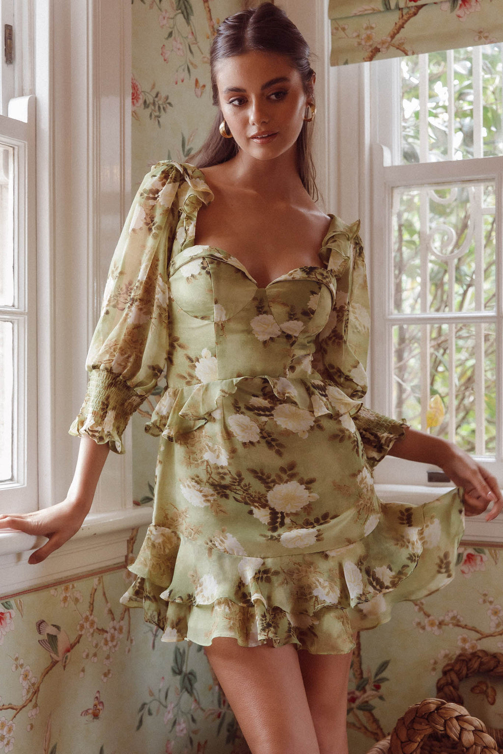 Desiree 3/4 Sleeve Sweetheart Neckline Frill Dress Floral Green by Selfie Leslie