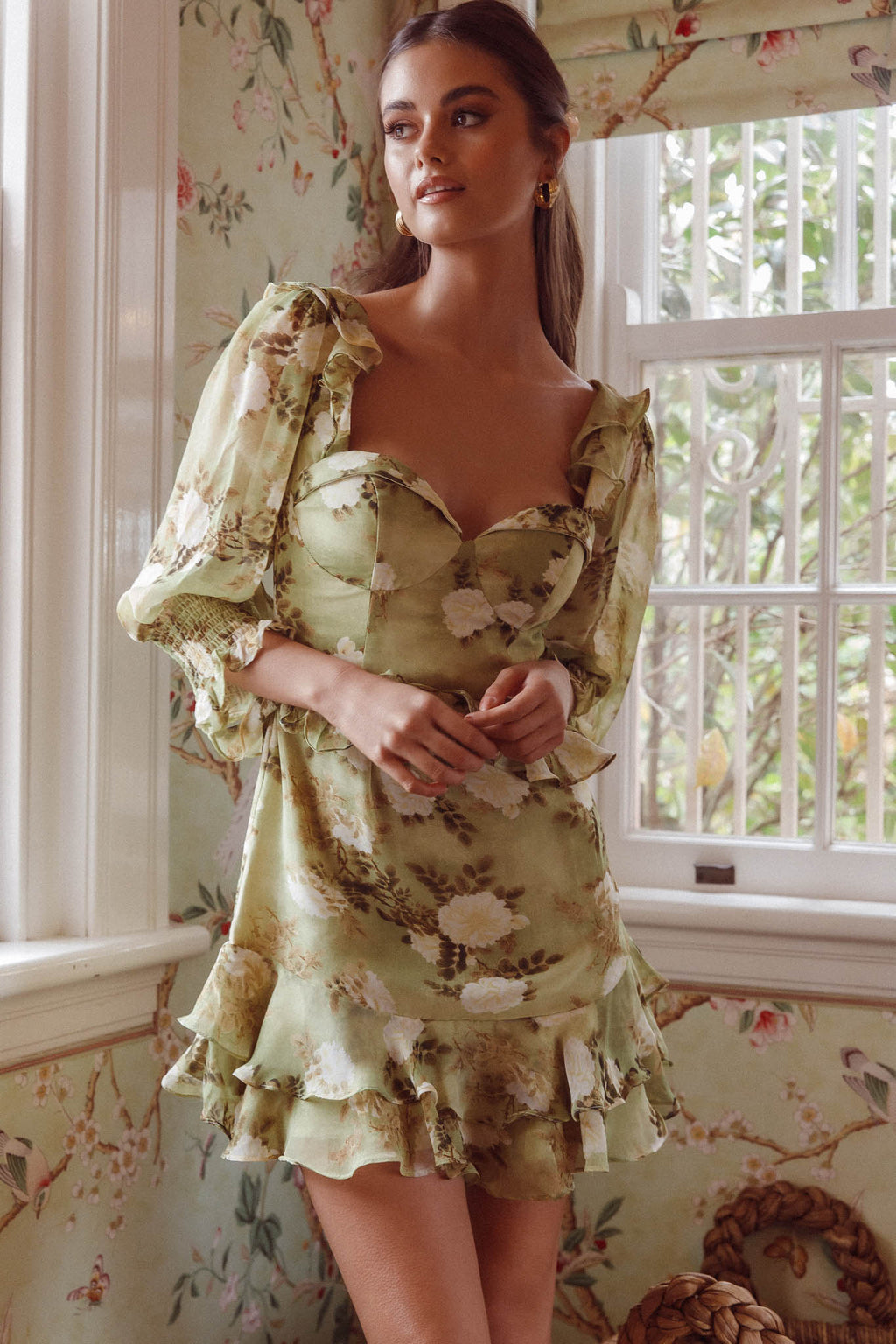 Desiree 3/4 Sleeve Sweetheart Neckline Frill Dress Floral Green by Selfie Leslie