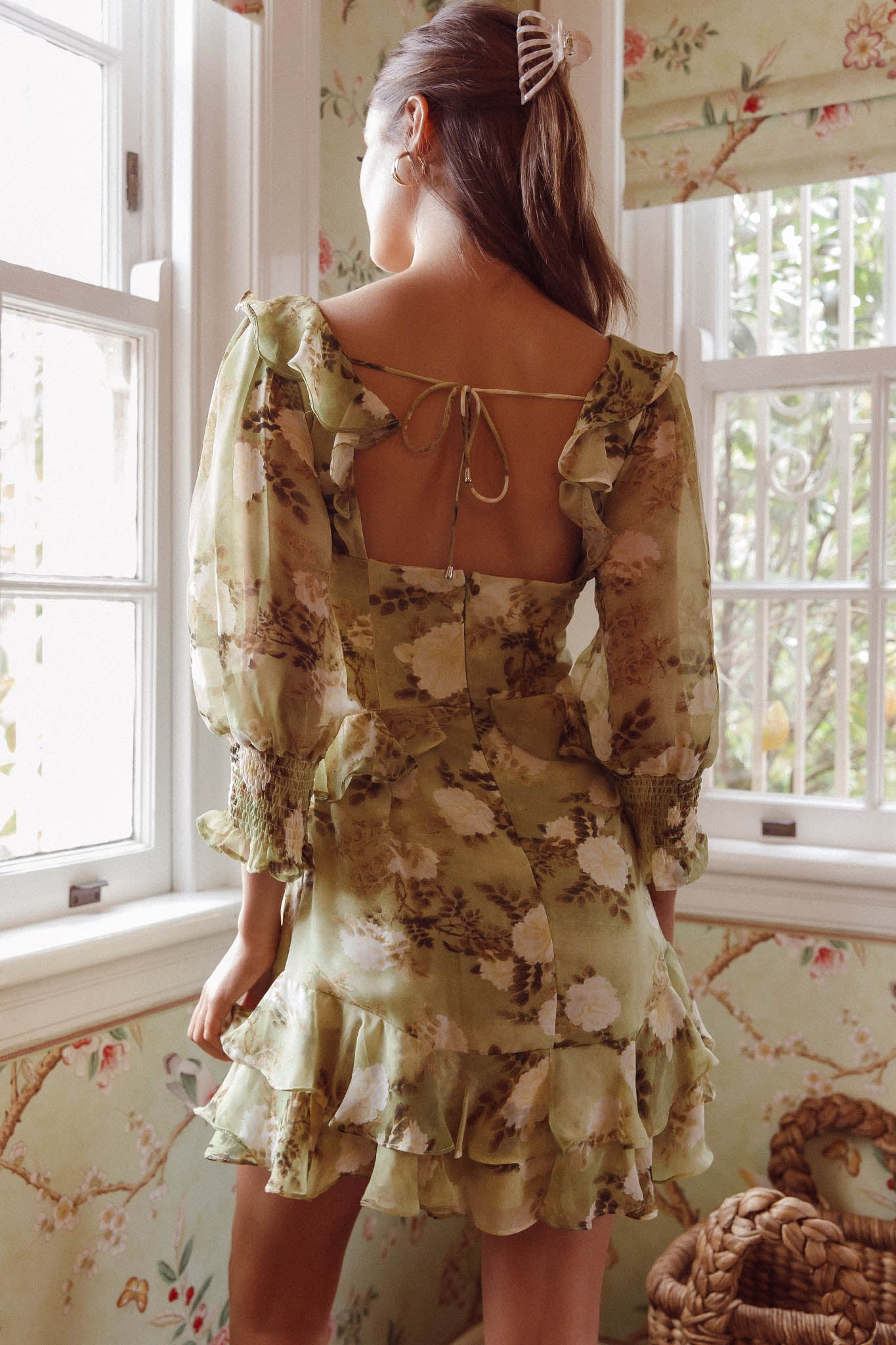 Desiree 3/4 Sleeve Sweetheart Neckline Frill Dress Floral Green by Selfie Leslie