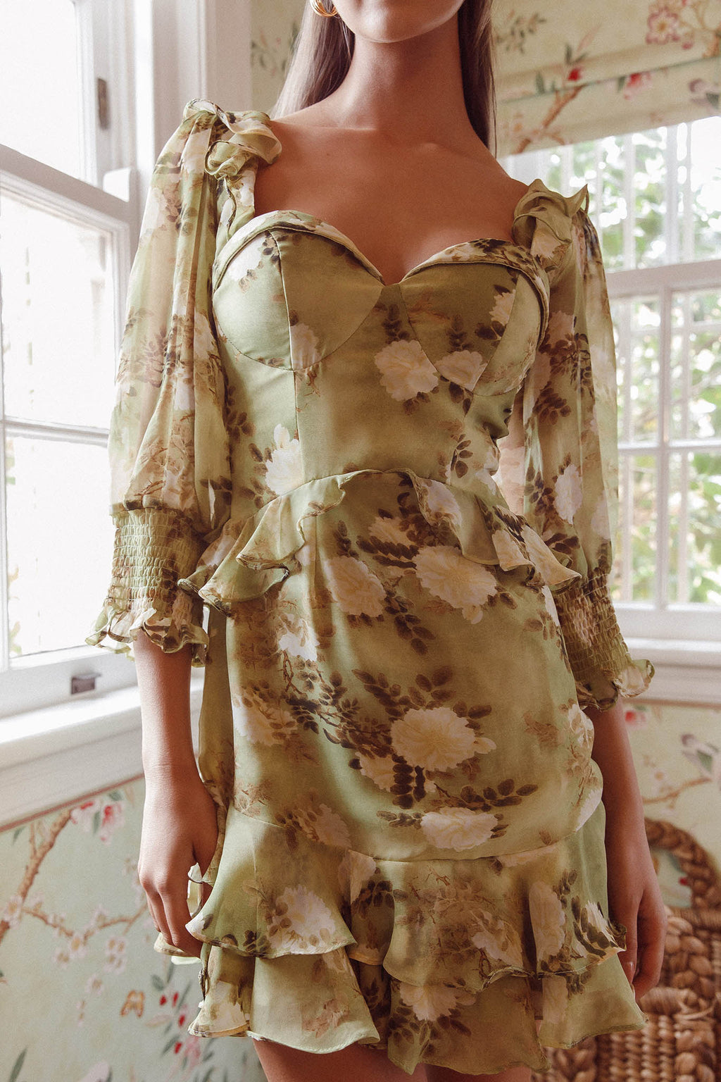 Desiree 3/4 Sleeve Sweetheart Neckline Frill Dress Floral Green by Selfie Leslie