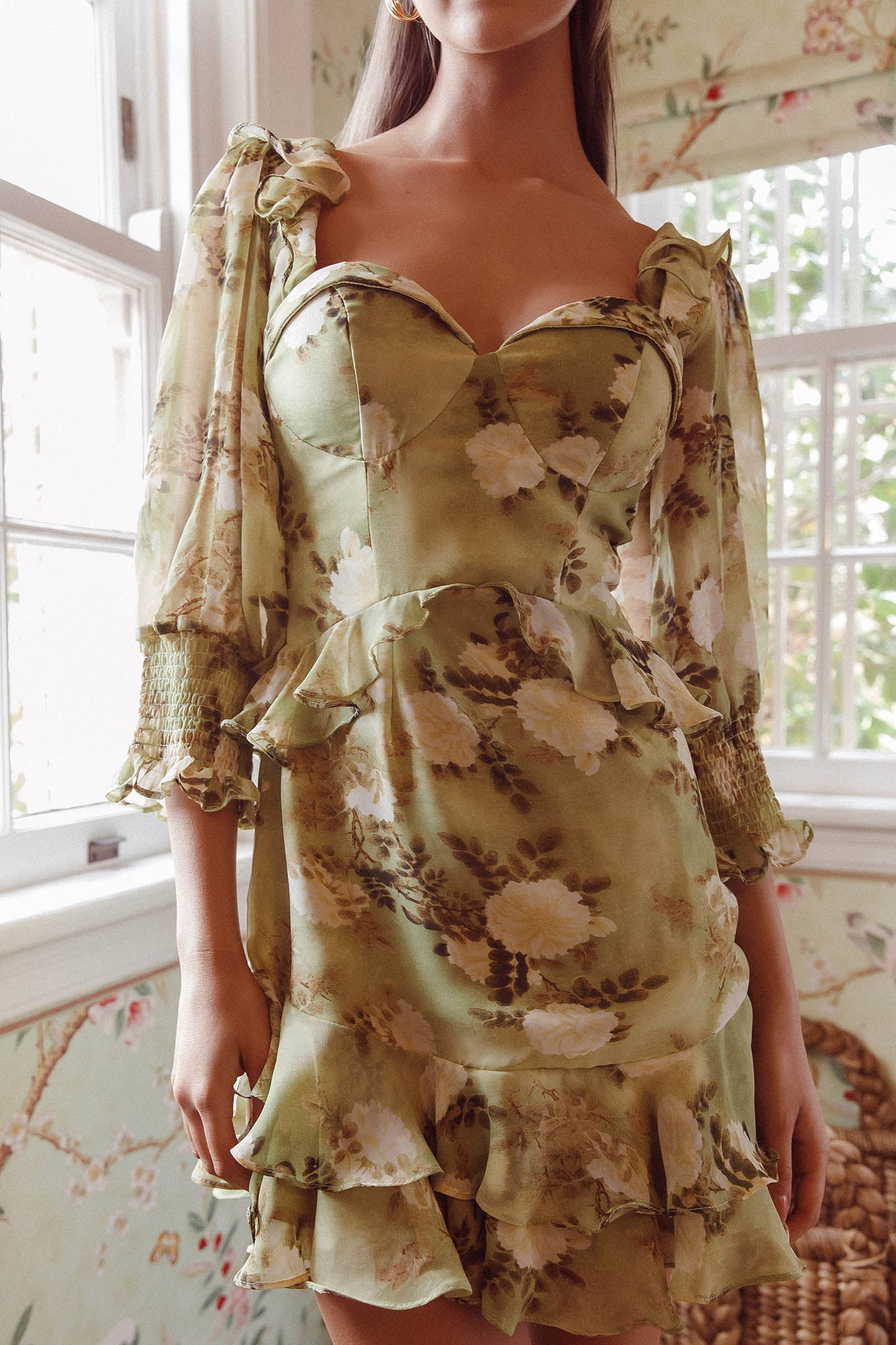Desiree 3/4 Sleeve Sweetheart Neckline Frill Dress Floral Green by Selfie Leslie
