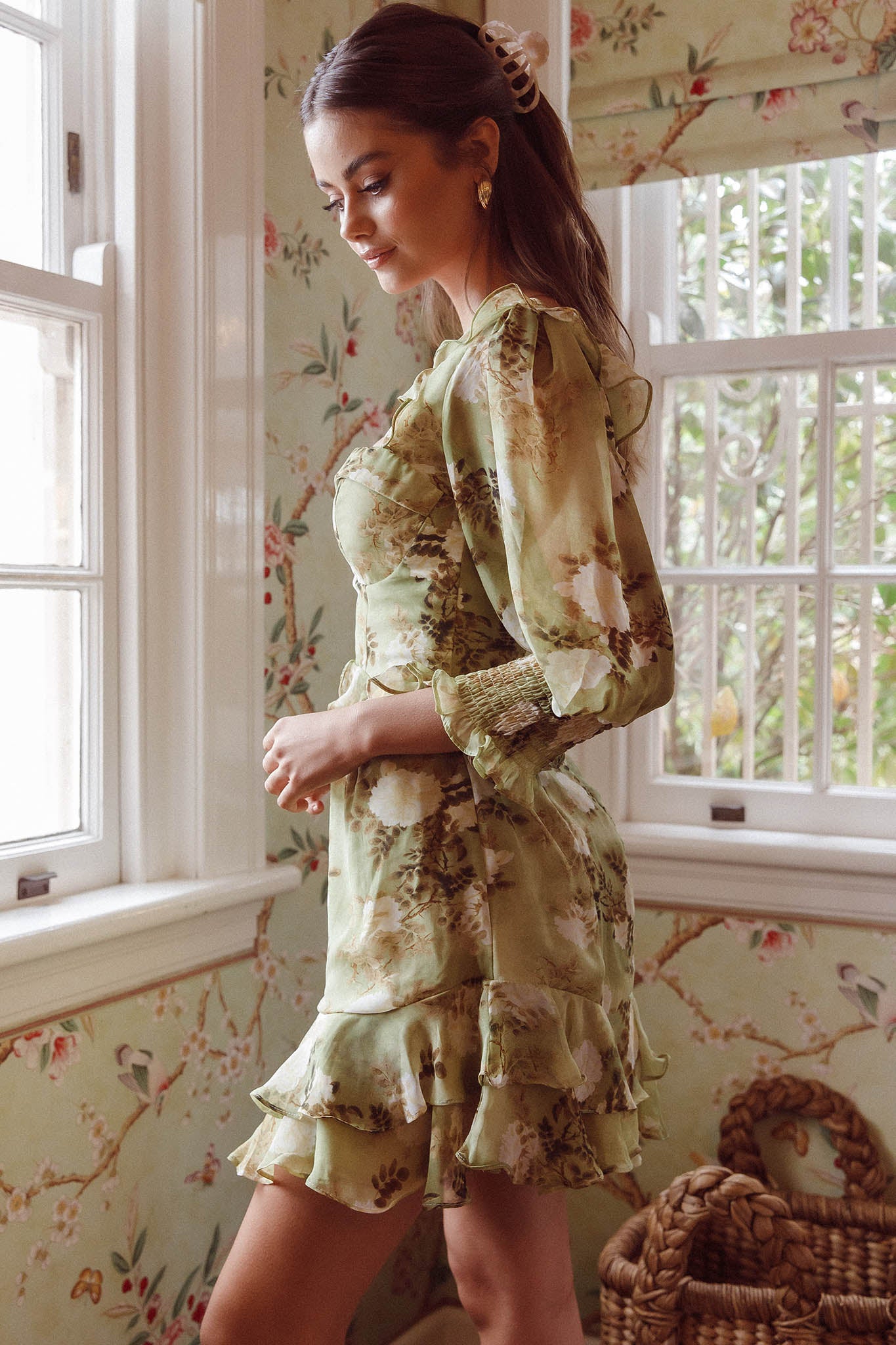 Desiree 3/4 Sleeve Sweetheart Neckline Frill Dress Floral Green by Selfie Leslie