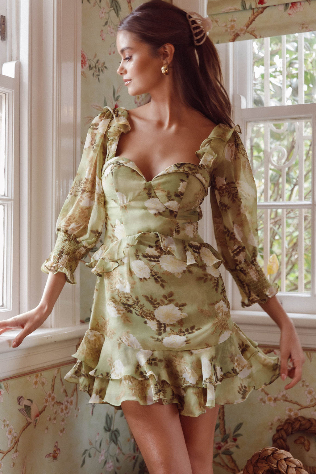 Desiree 3/4 Sleeve Sweetheart Neckline Frill Dress Floral Green by Selfie Leslie