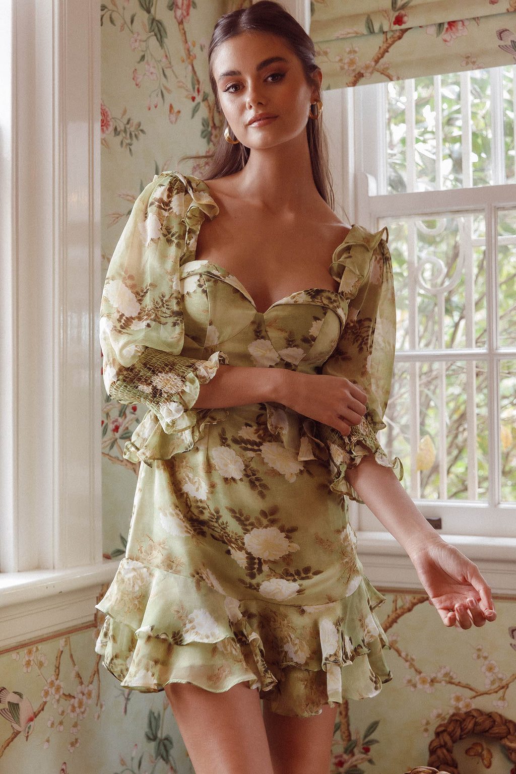 Desiree 3/4 Sleeve Sweetheart Neckline Frill Dress Floral Green by Selfie Leslie