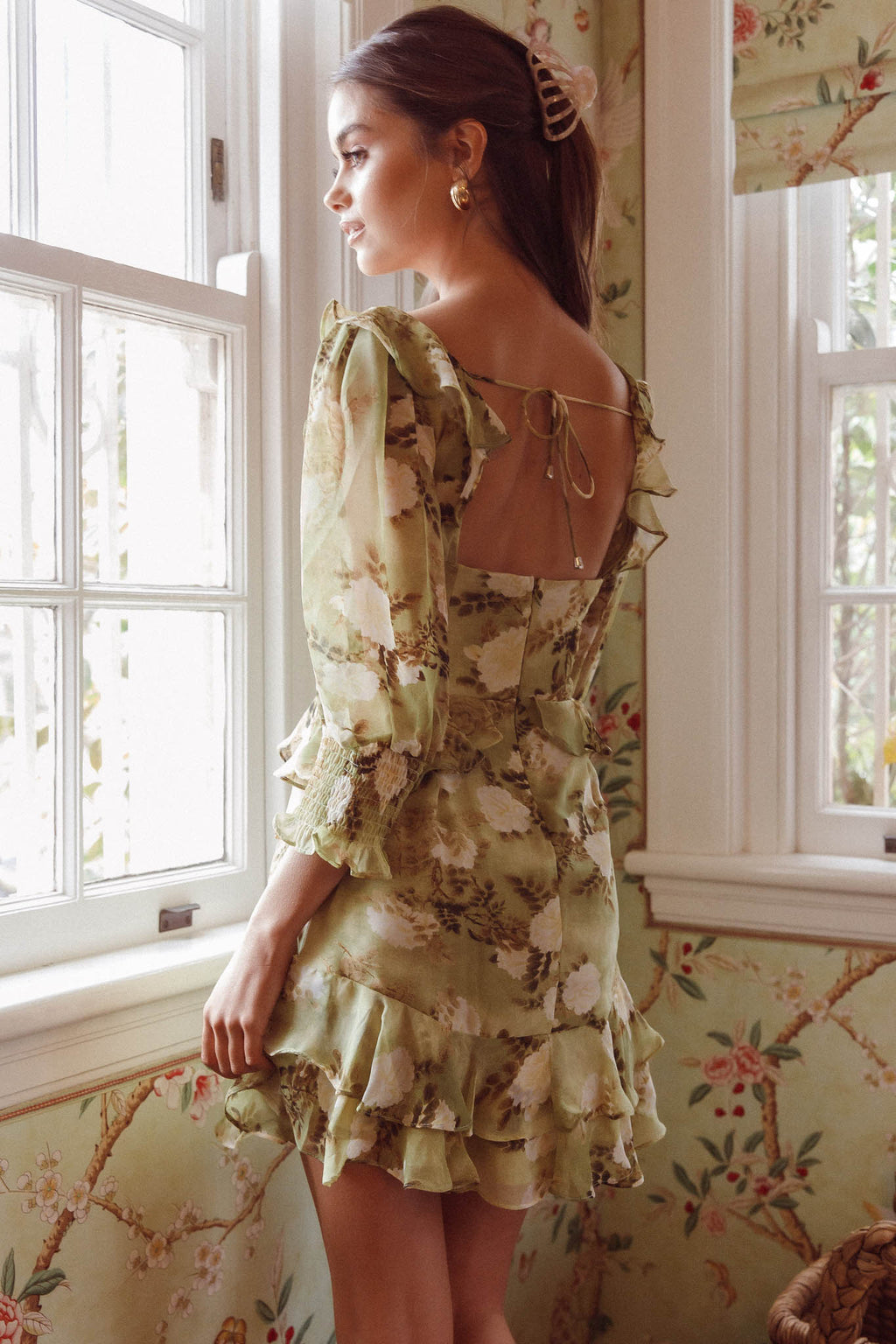Desiree 3/4 Sleeve Sweetheart Neckline Frill Dress Floral Green by Selfie Leslie