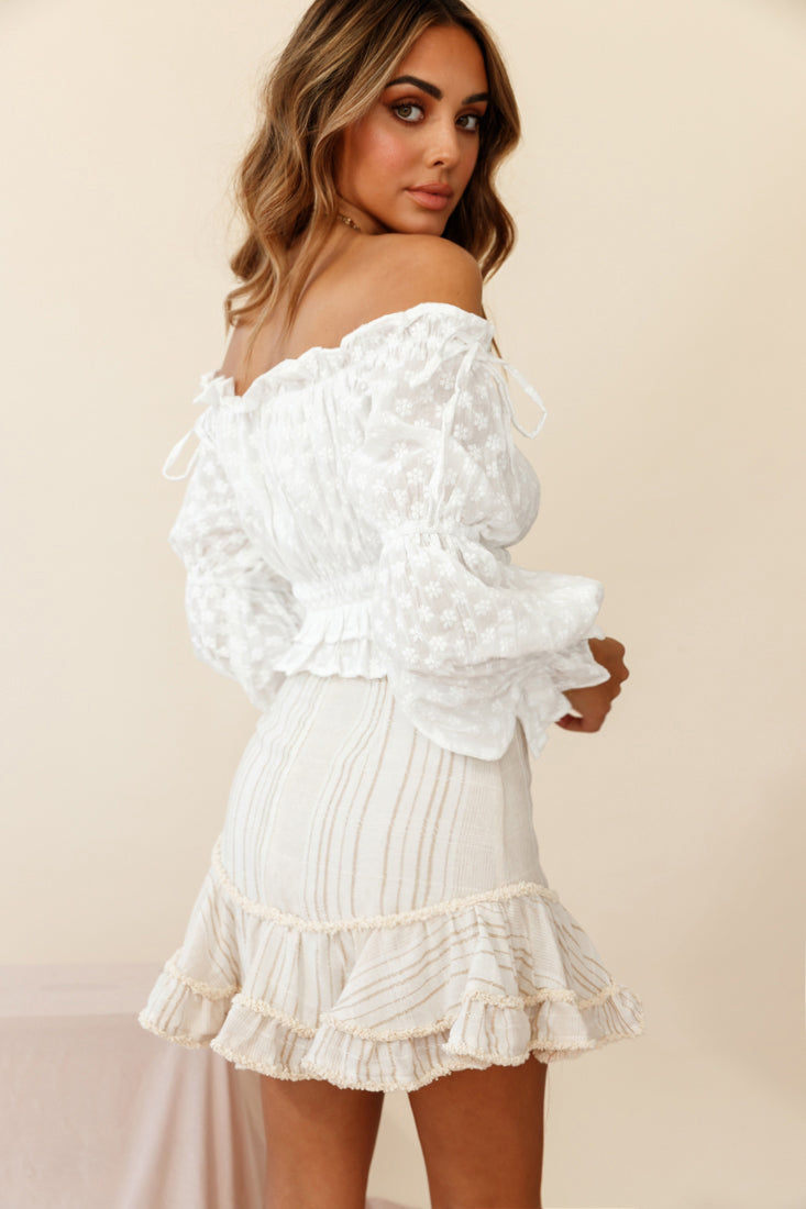 Eve Ruffle Hem Linen Blend Skirt White/Mocha Stripe by Selfie Leslie