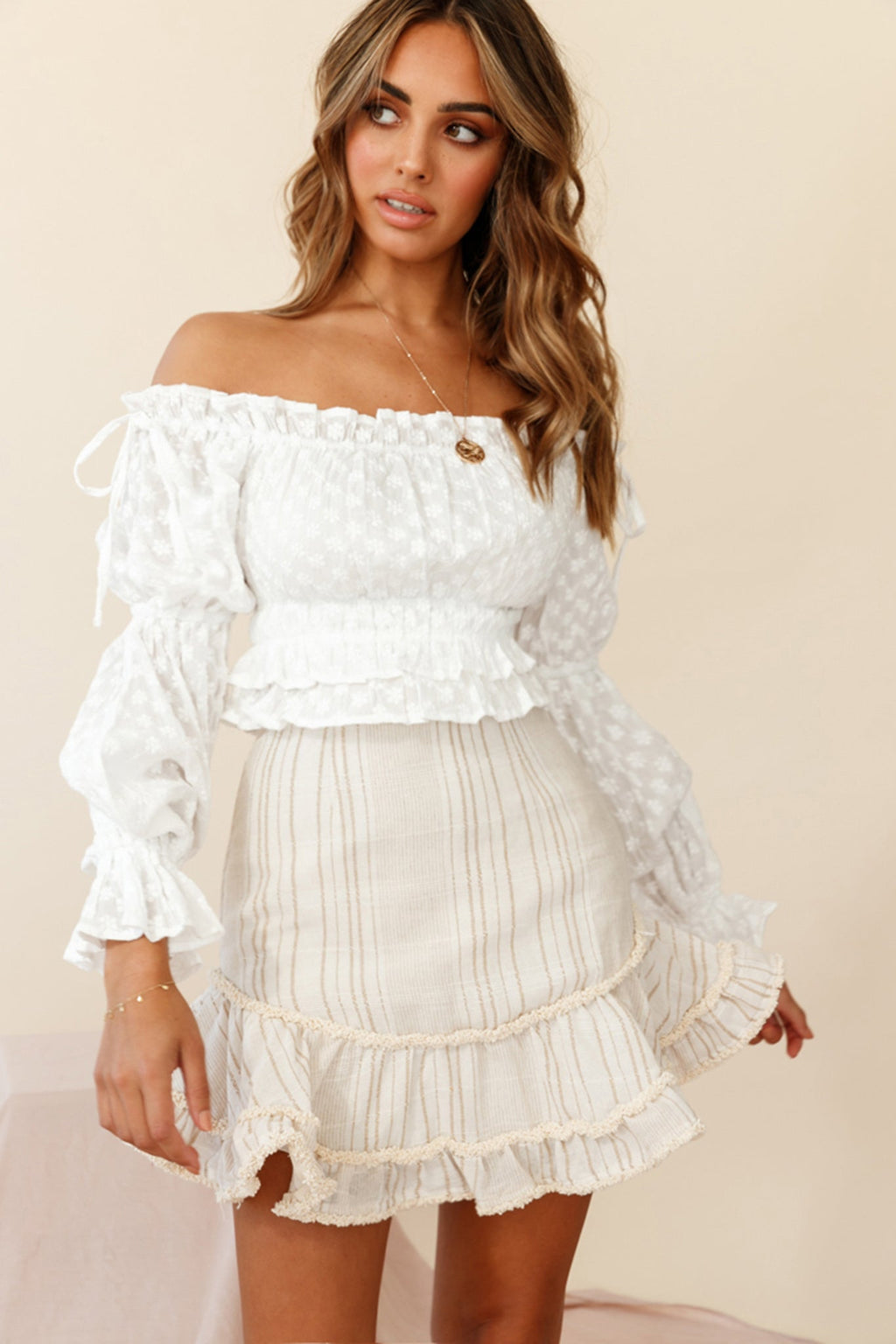 Eve Ruffle Hem Linen Blend Skirt White/Mocha Stripe by Selfie Leslie