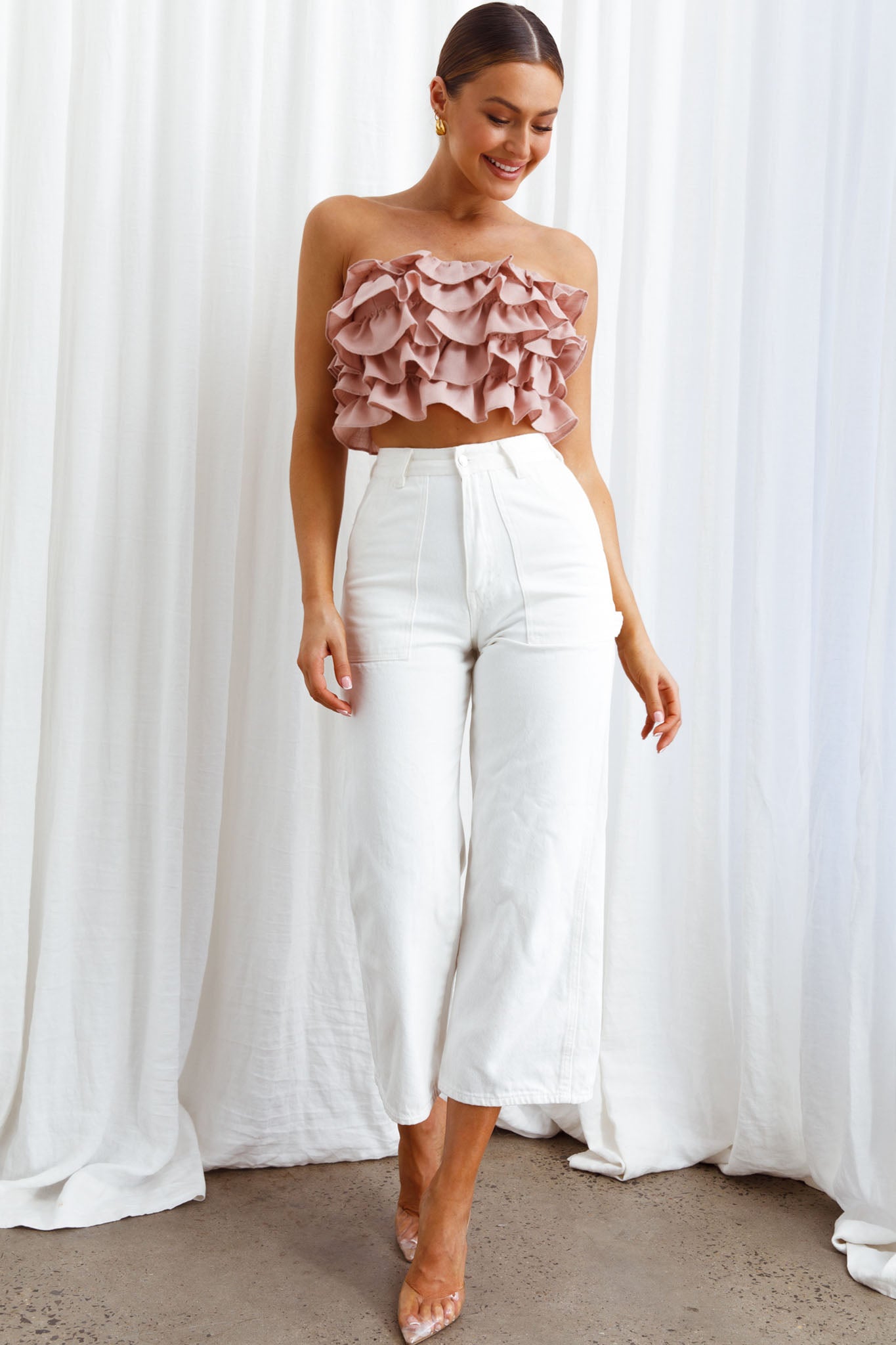 Talulah Layered Ruffle Lace-Up Back Crop Top Blush by Selfie Leslie