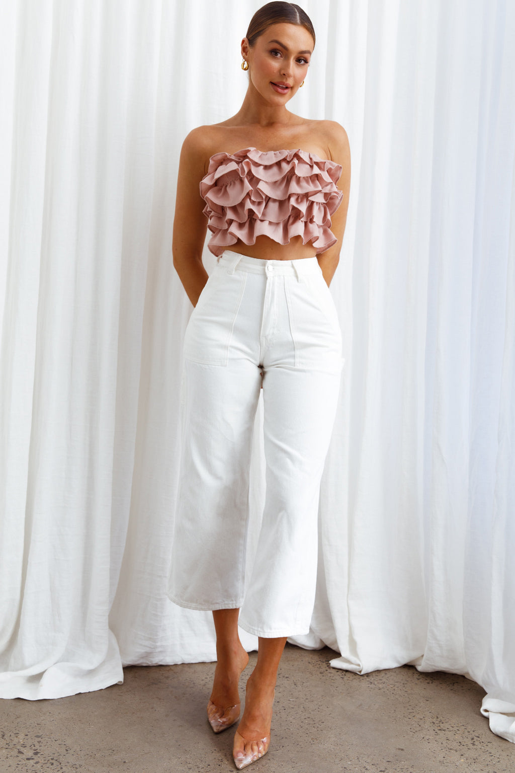 Talulah Layered Ruffle Lace-Up Back Crop Top Blush by Selfie Leslie