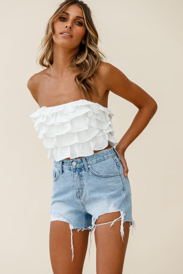 Talulah Layered Ruffle Lace-Up Back Crop Top White by Selfie Leslie