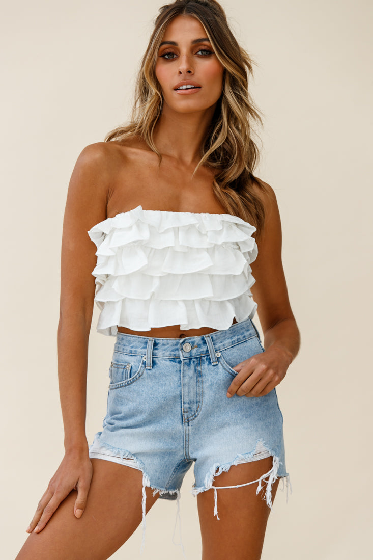 Talulah Layered Ruffle Lace-Up Back Crop Top White by Selfie Leslie