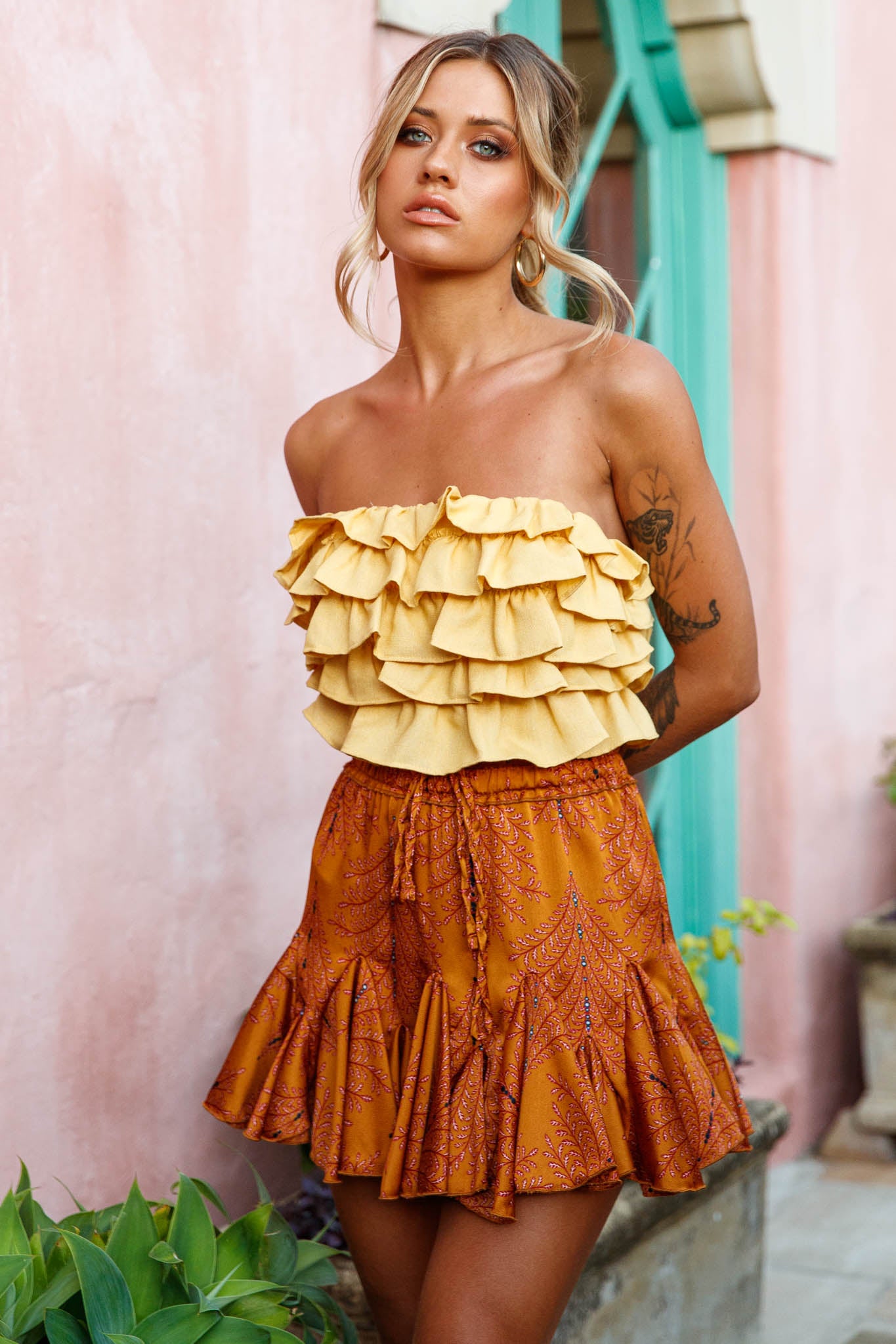 Talulah Layered Ruffle Lace-Up Back Crop Top Yellow by Selfie Leslie