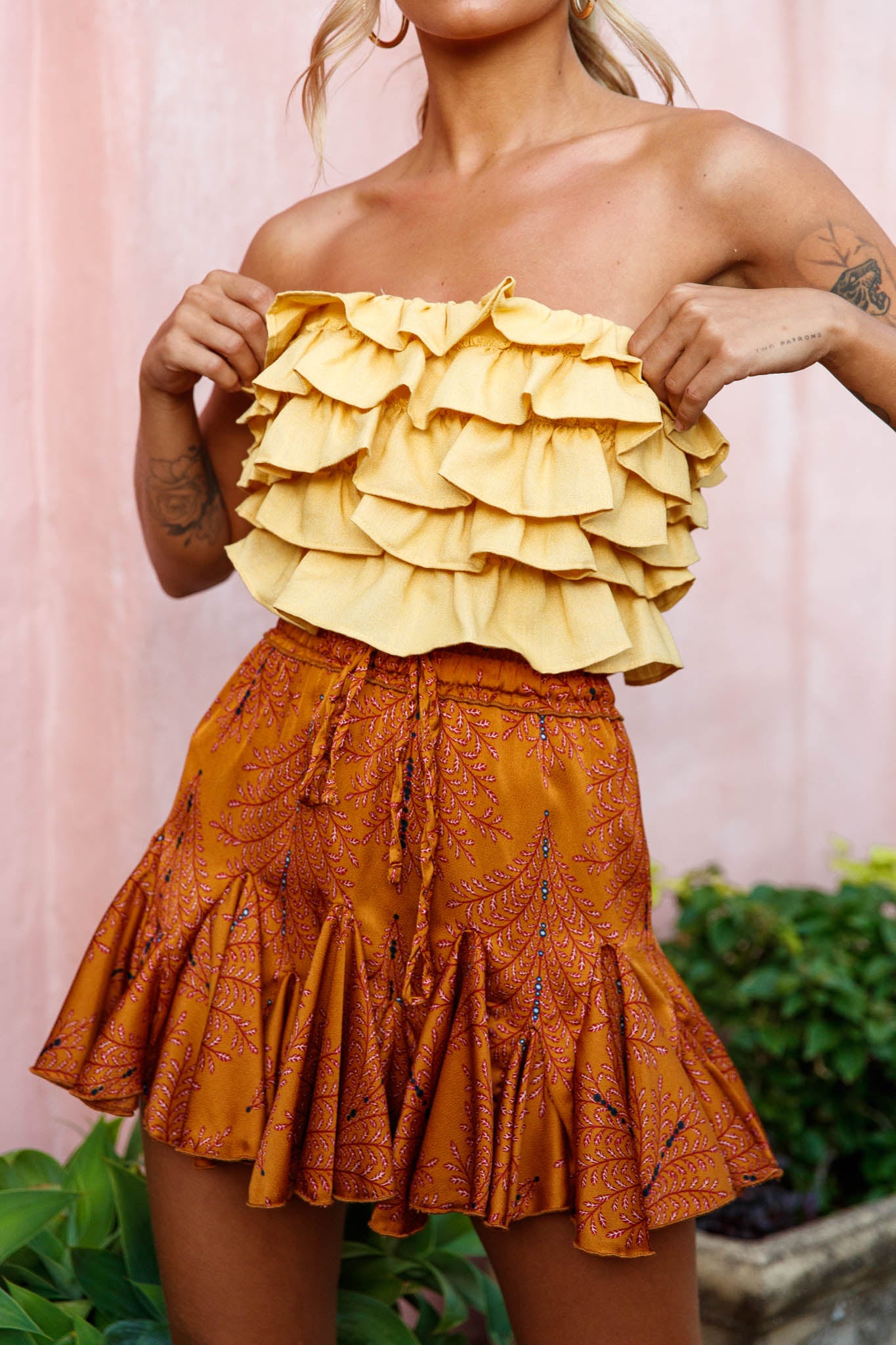 Talulah Layered Ruffle Lace-Up Back Crop Top Yellow by Selfie Leslie