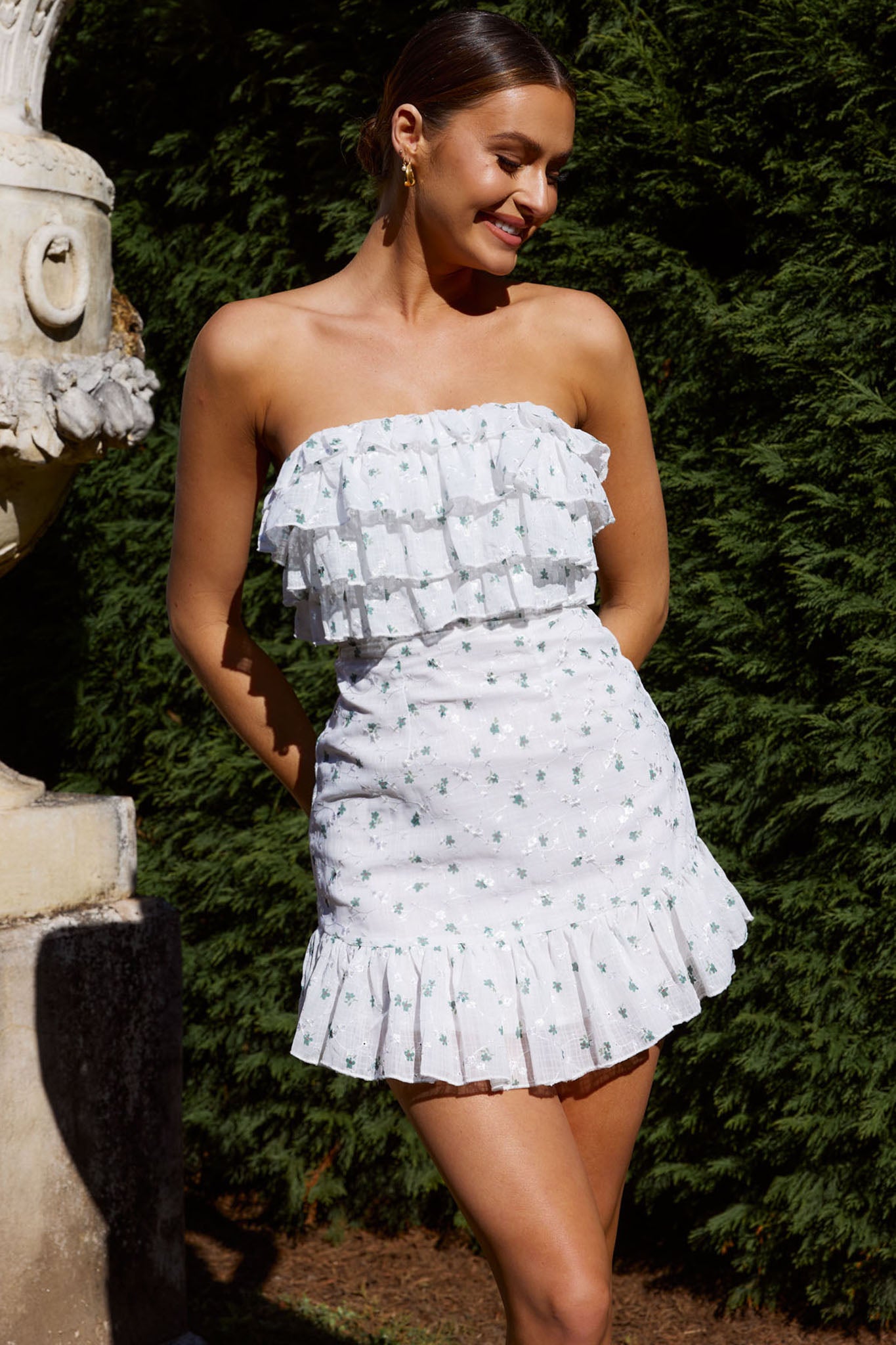 Talulah Ruffle Bust Mini Dress Floral Green by Selfie Leslie