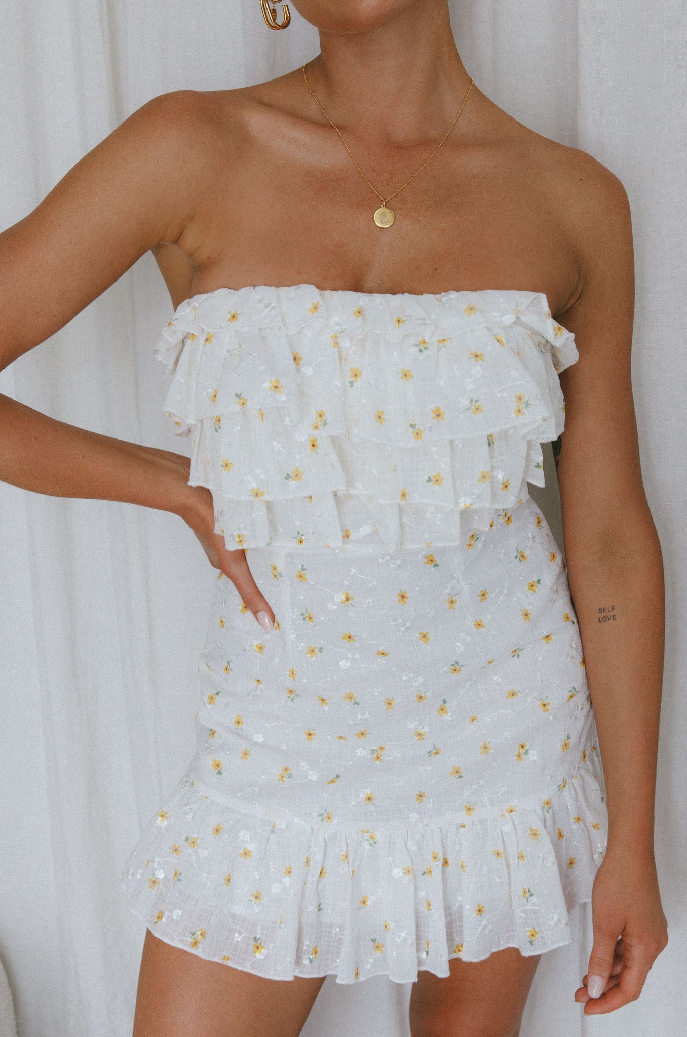 Talulah Ruffle Bust Mini Dress Floral Yellow by Selfie Leslie