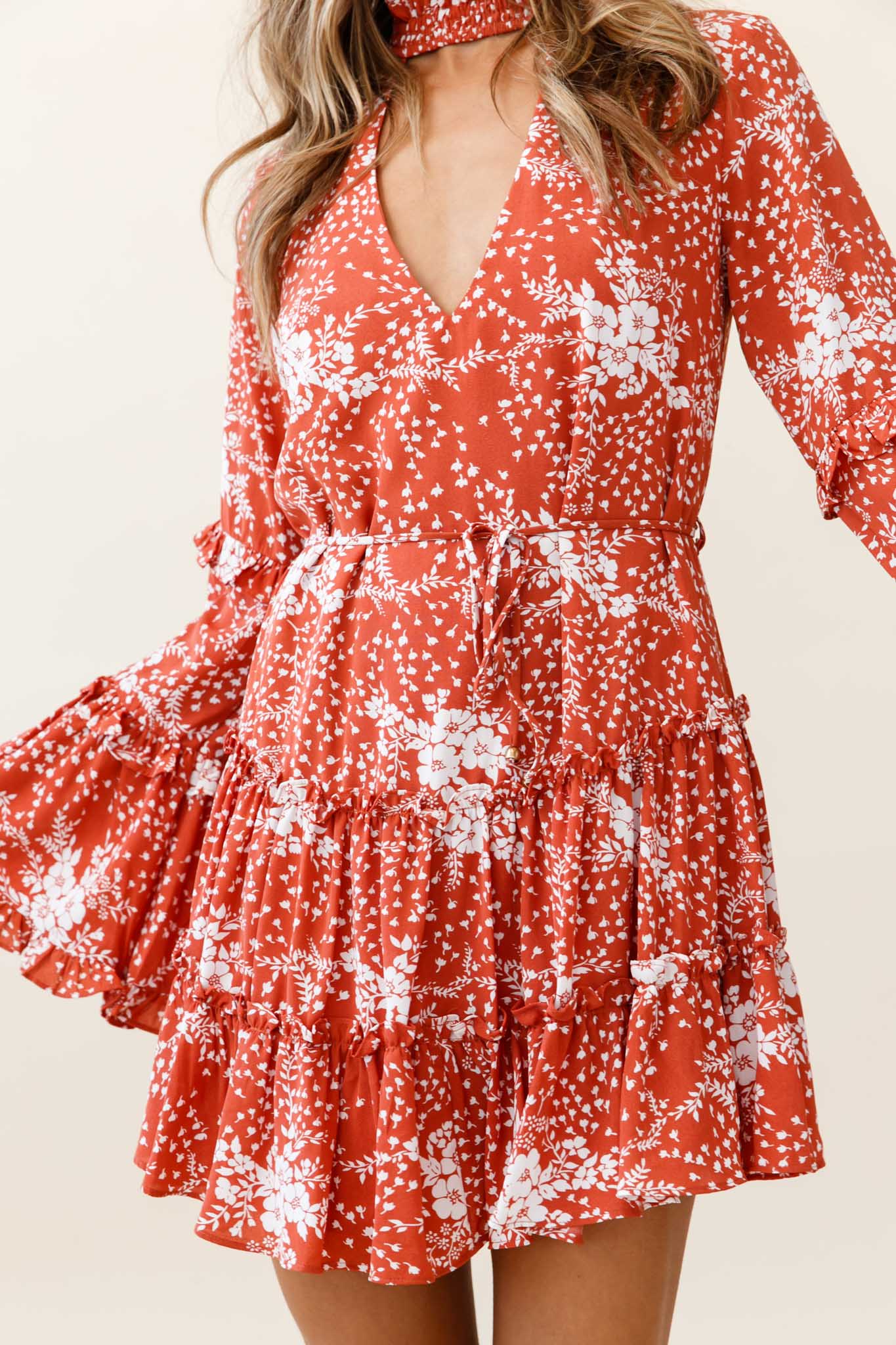 Tamina Long Sleeve Frill Trim Dress Floral Print Rust by Selfie Leslie
