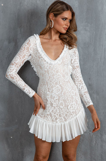 Shop the Isabella Long Sleeve Open Back Lace Dress White | Selfie Leslie