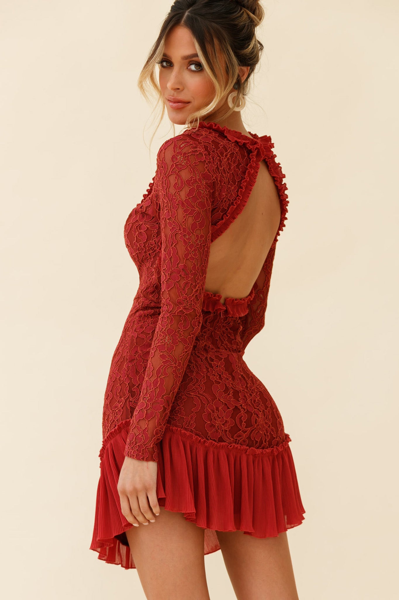 Isabella Long Sleeve Open Back Lace Dress Antique Rose by Selfie Leslie