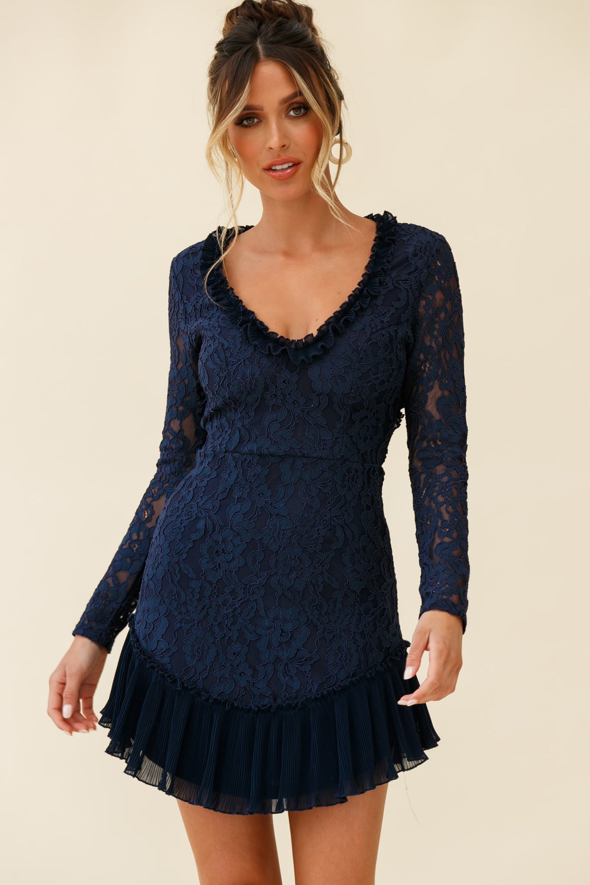 romance language navy blue backless lace dress Isabella Long Sleeve Open Back au-8-instock option 1, 2, 3, Size:US26W Fit Model is 56