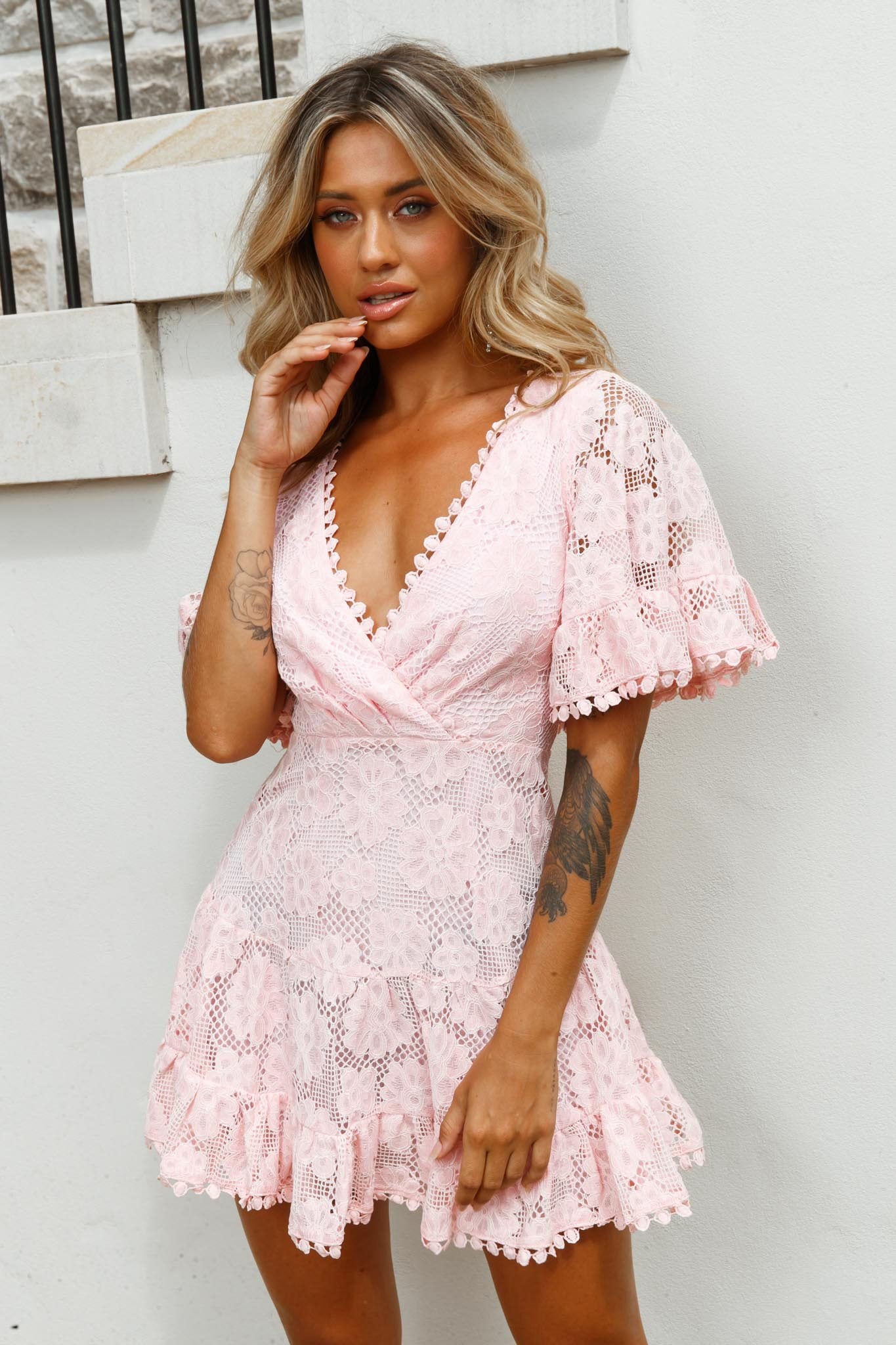 Alaia Short Fluted Sleeve Crochet Lace Dress Baby Pink by Selfie Leslie