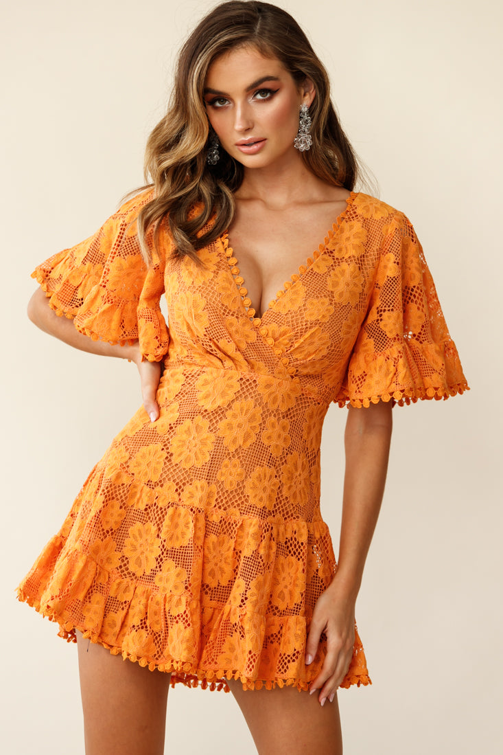 Alaia Short Fluted Sleeve Crochet Lace Dress Sunset by Selfie Leslie