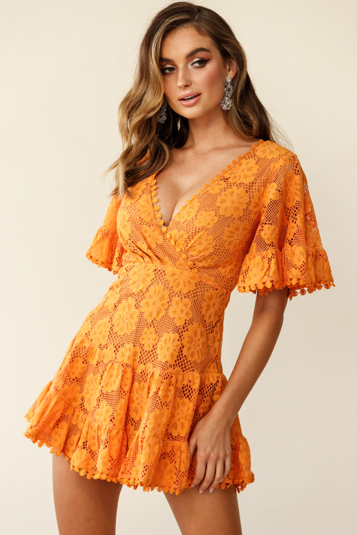 Alaia Short Fluted Sleeve Crochet Lace Dress Sunset Selfie Leslie Alaia Short Fluted Sleeve Crochet Lace Dress Sunset Selfie Leslie