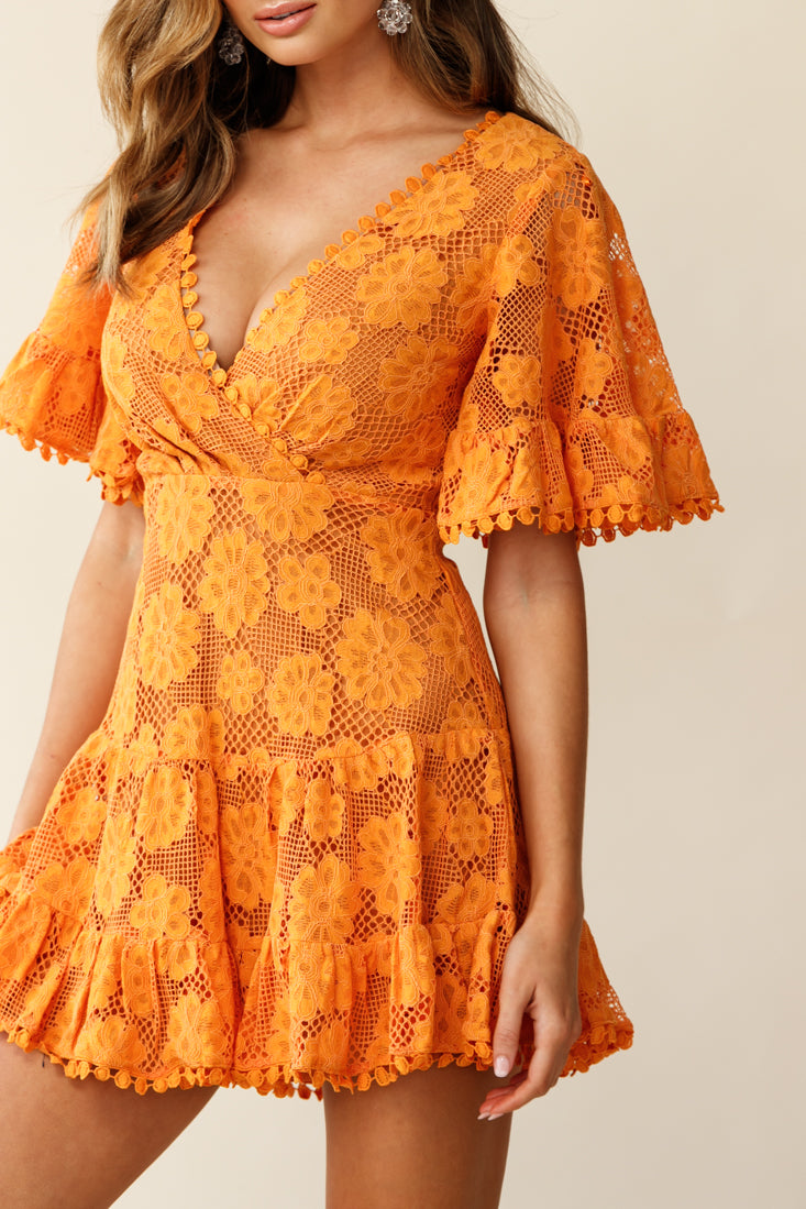 Alaia Short Fluted Sleeve Crochet Lace Dress Sunset by Selfie Leslie