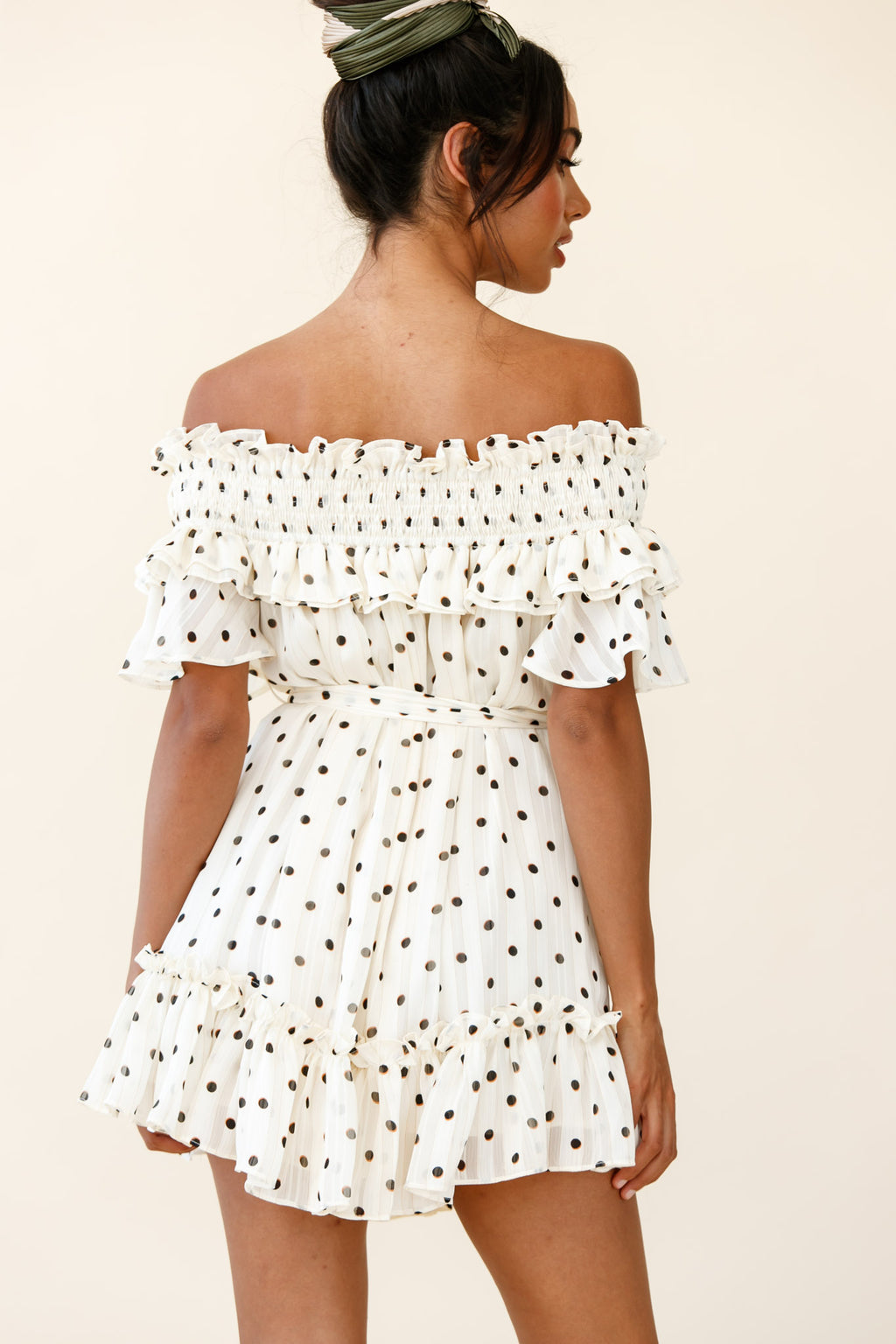 Rita Shirred Off-Shoulder Dress Polka Dot Print White by Selfie Leslie