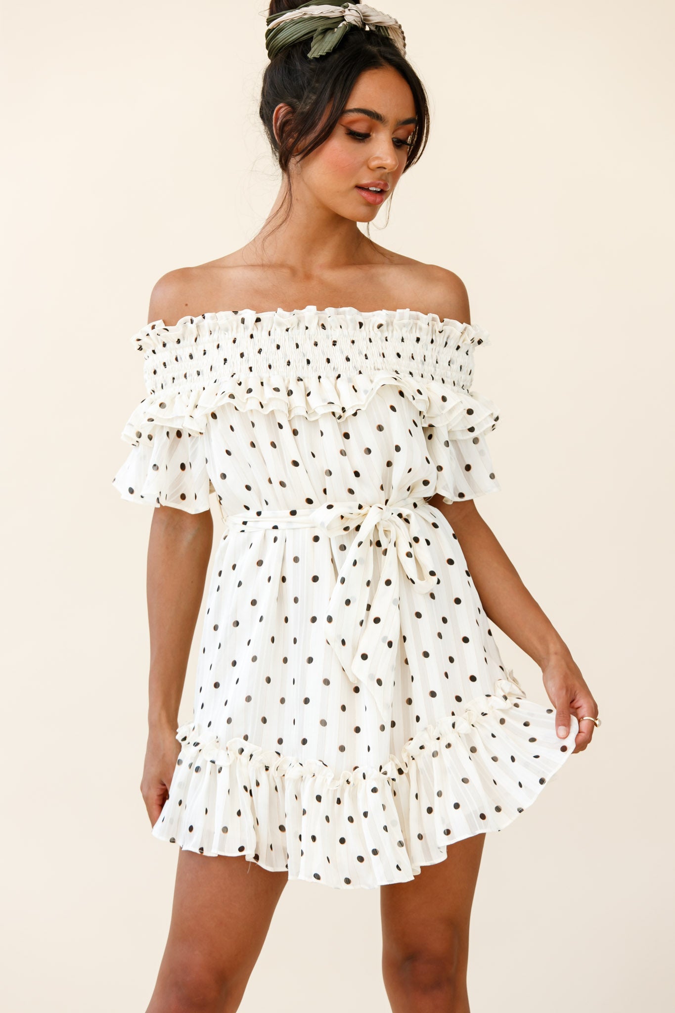 white polka dot off the shoulder dress Women's White Polka Dot Textured Bardot Shift Dress