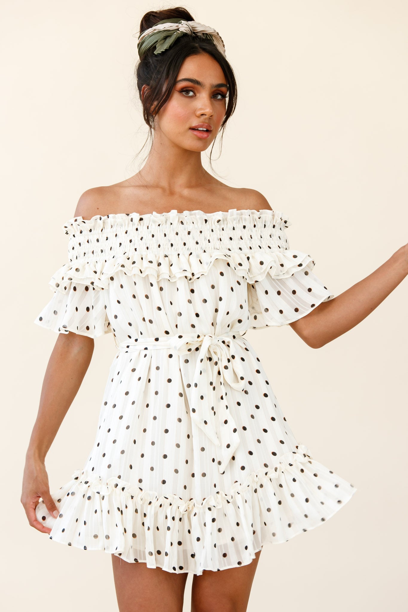 Rita Shirred Off-Shoulder Dress Polka Dot Print White by Selfie Leslie