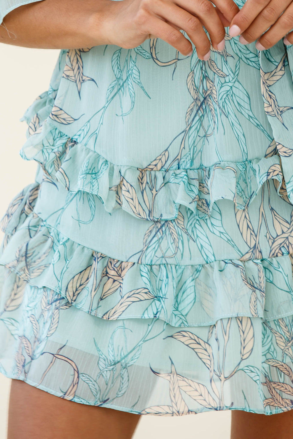 Time Will Tell Angel Sleeve Frill Detail Dress Leaf Print Mint by Selfie Leslie