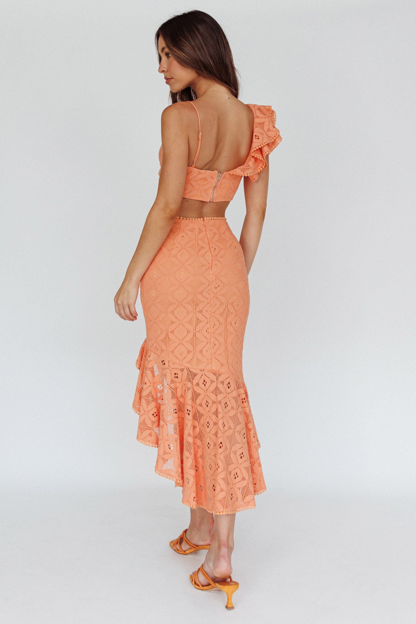 Talk About Me Asymmetrical Ruffle Hem Midi Skirt Apricot by Selfie Leslie