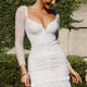Tamara V-Neckline Ruched Long Sleeve Lace Mesh Dress White