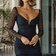 Tamara V-Neckline Ruched Long Sleeve Lace Mesh Dress Black