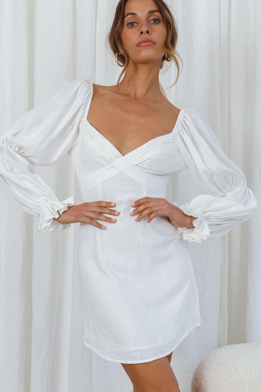 Corina Pleated Bust Long Sleeve V-Back Dress White by Selfie Leslie