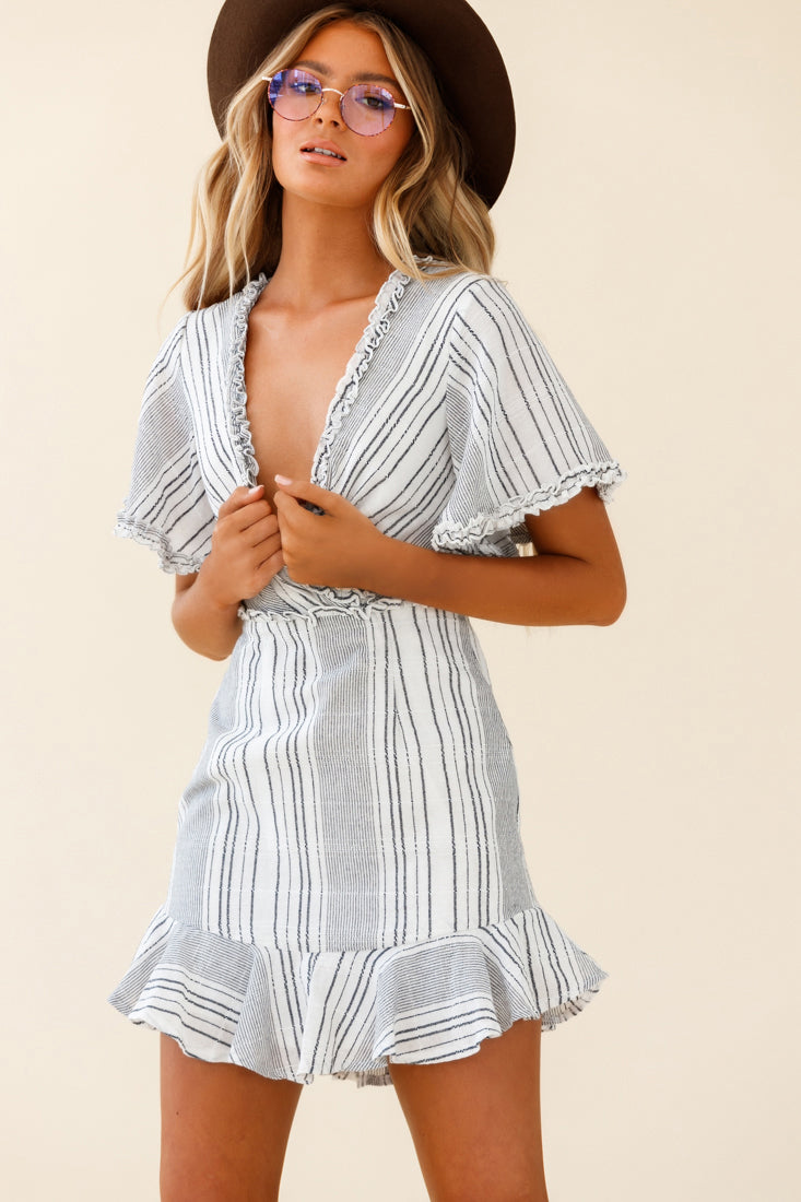 Ochre Open Back Bow Detail Dress Stripe Pattern White/Navy by Selfie Leslie