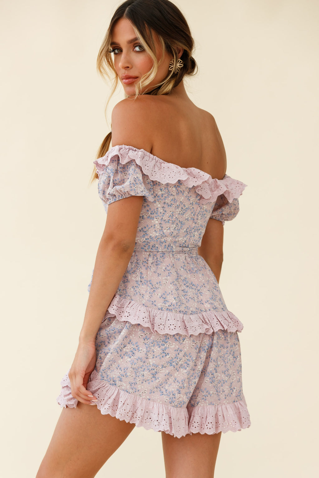 Tulsa Off Shoulder Waist Tie Frill Romper Floral Print Pink by Selfie Leslie