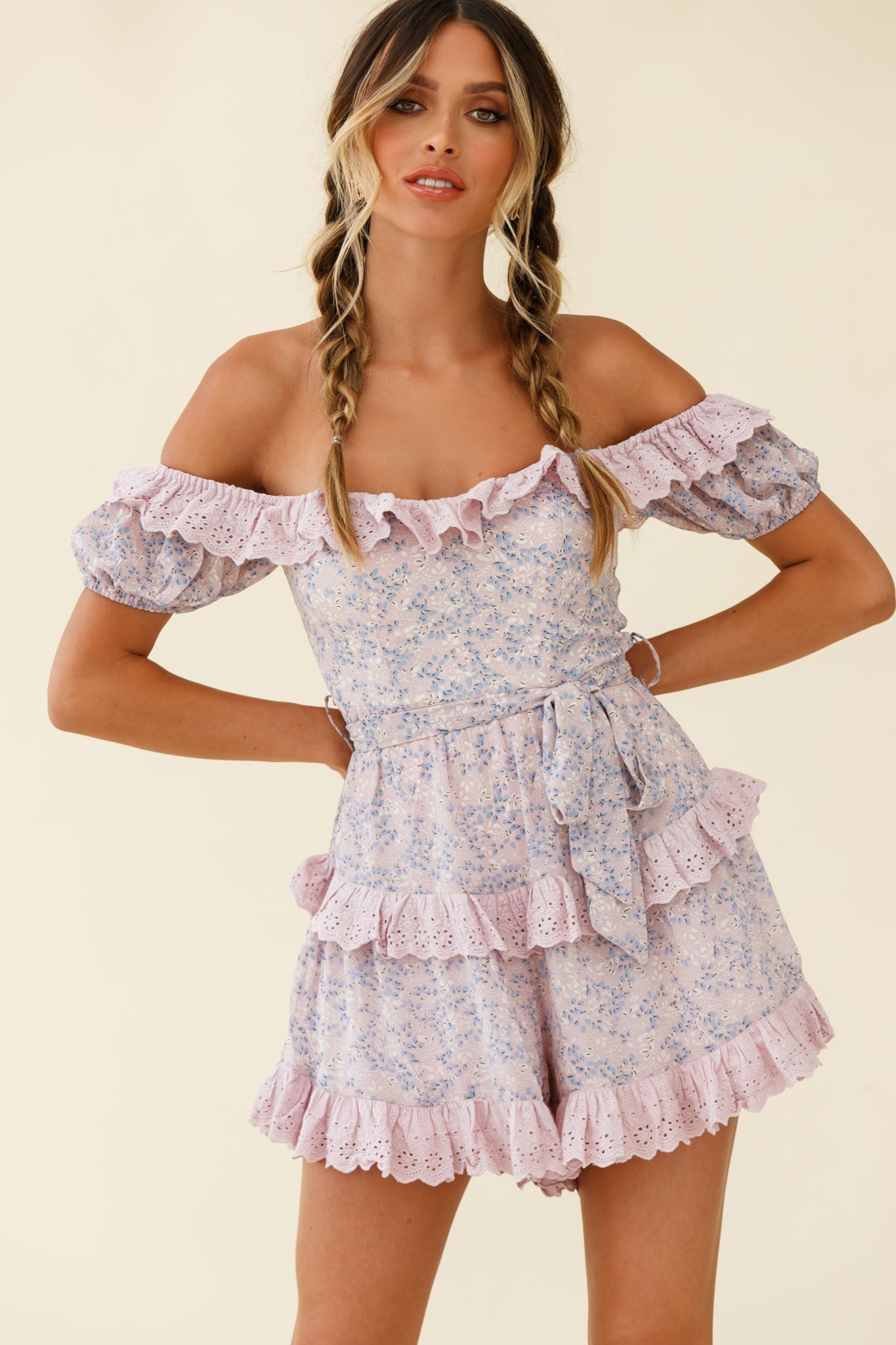 Tulsa Off Shoulder Waist Tie Frill Romper Floral Print Pink by Selfie Leslie
