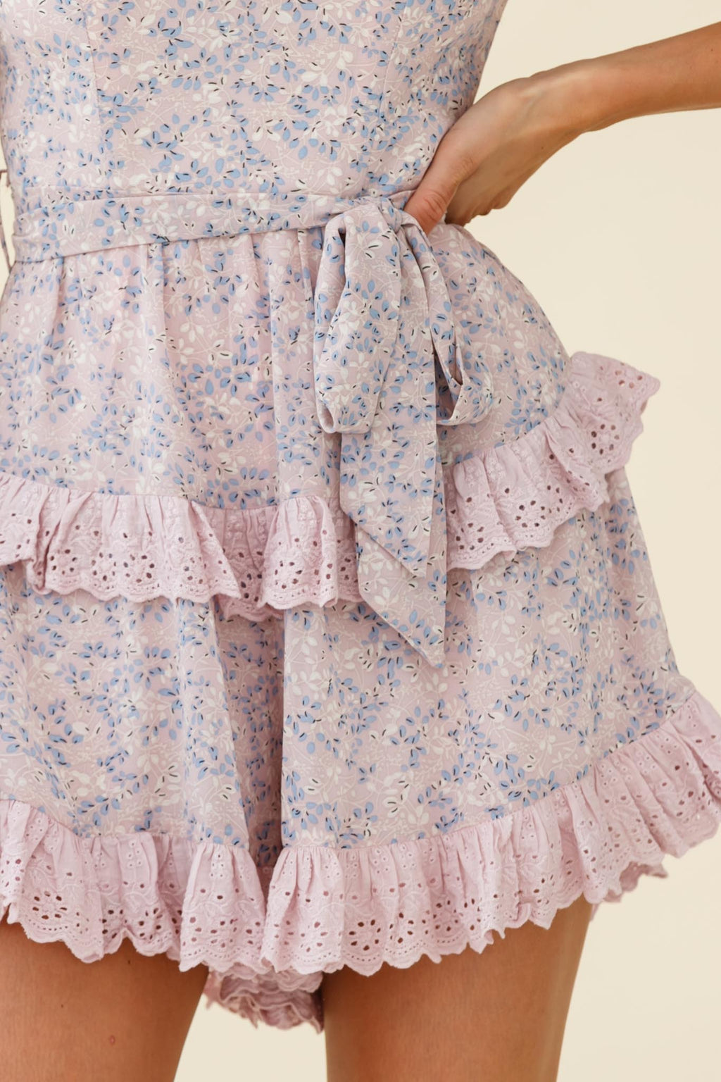 Tulsa Off Shoulder Waist Tie Frill Romper Floral Print Pink by Selfie Leslie