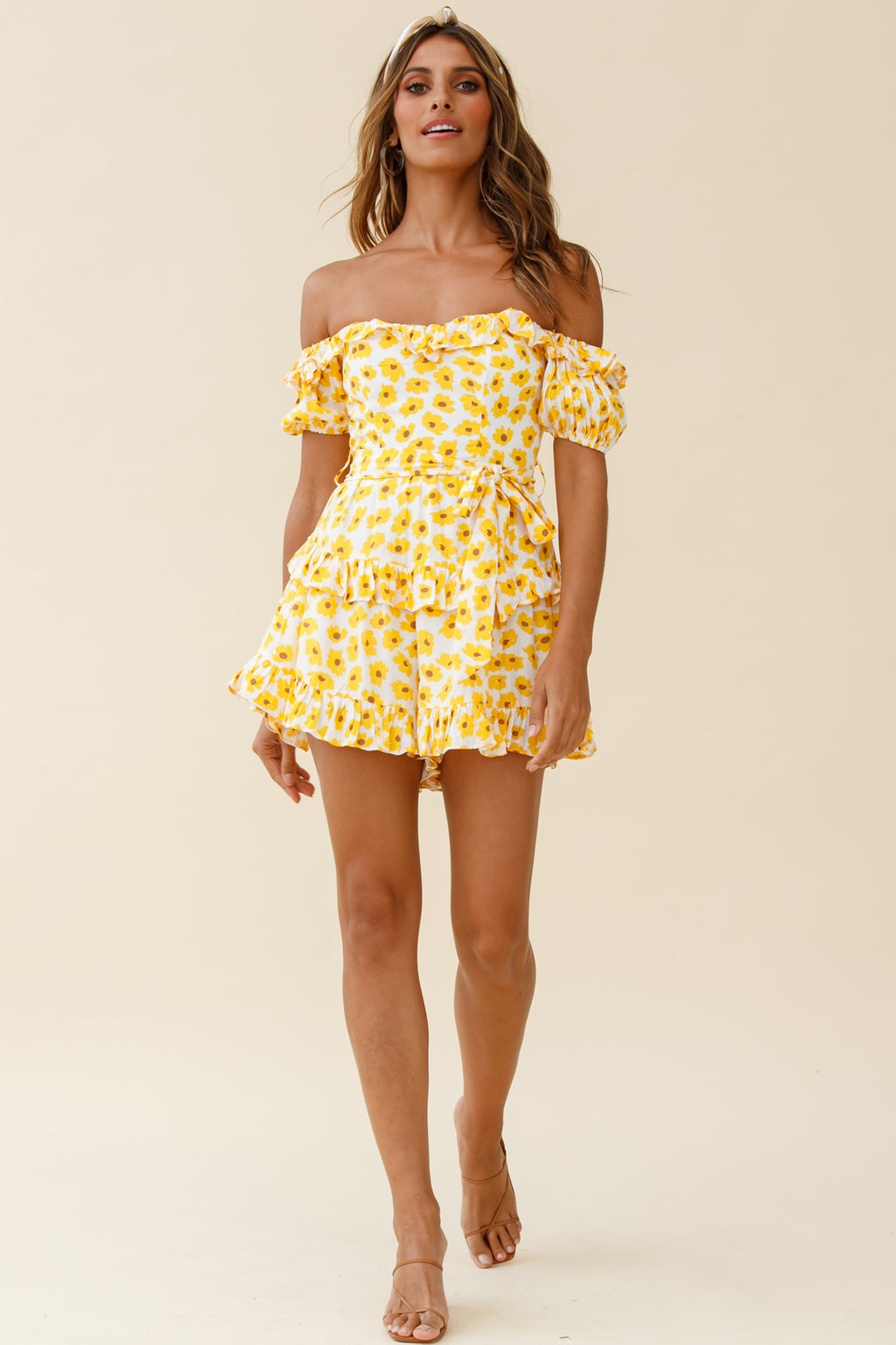 Tulsa Off Shoulder Waist Tie Frill Romper Floral Print White/Yellow by Selfie Leslie