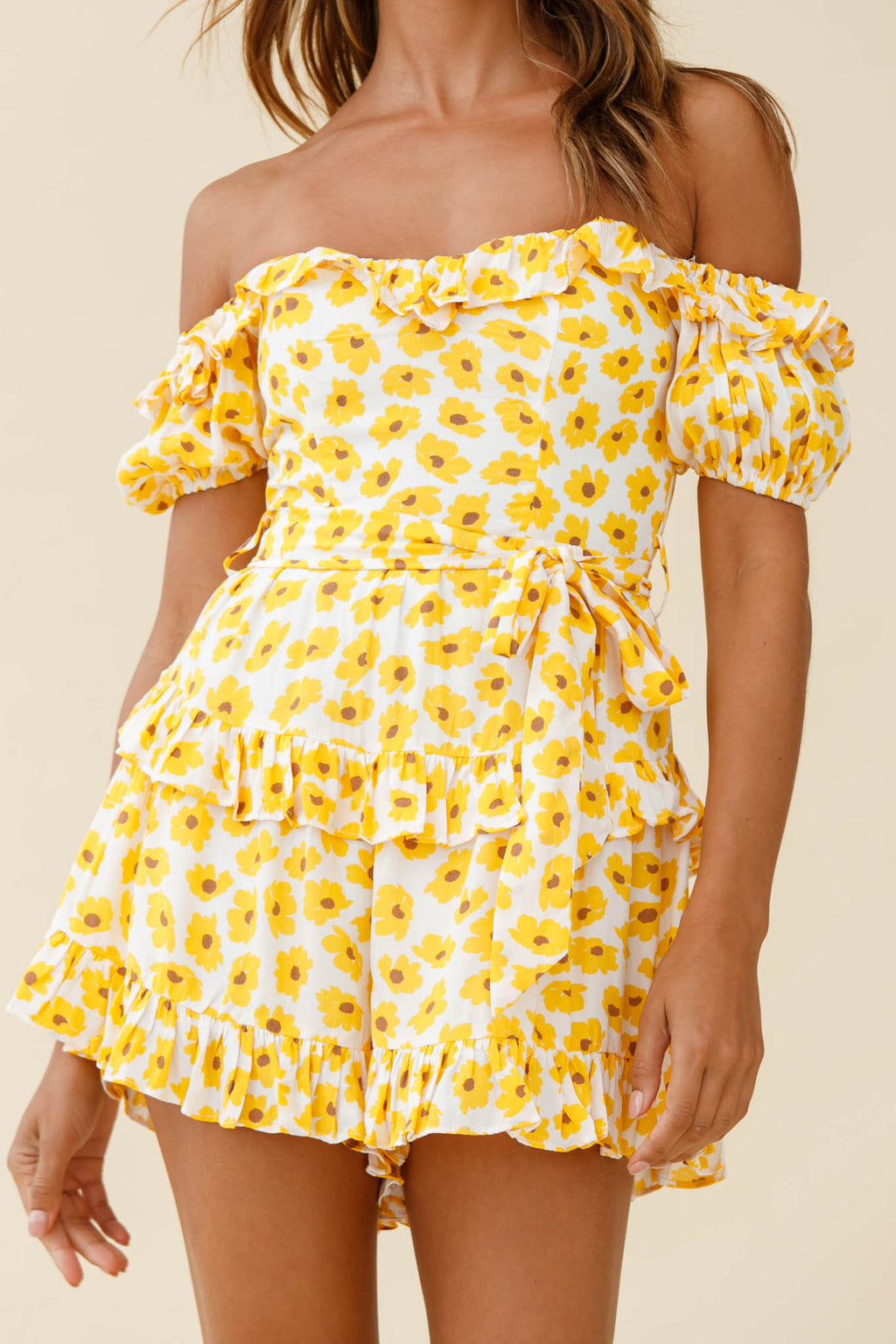Tulsa Off Shoulder Waist Tie Frill Romper Floral Print White/Yellow by Selfie Leslie