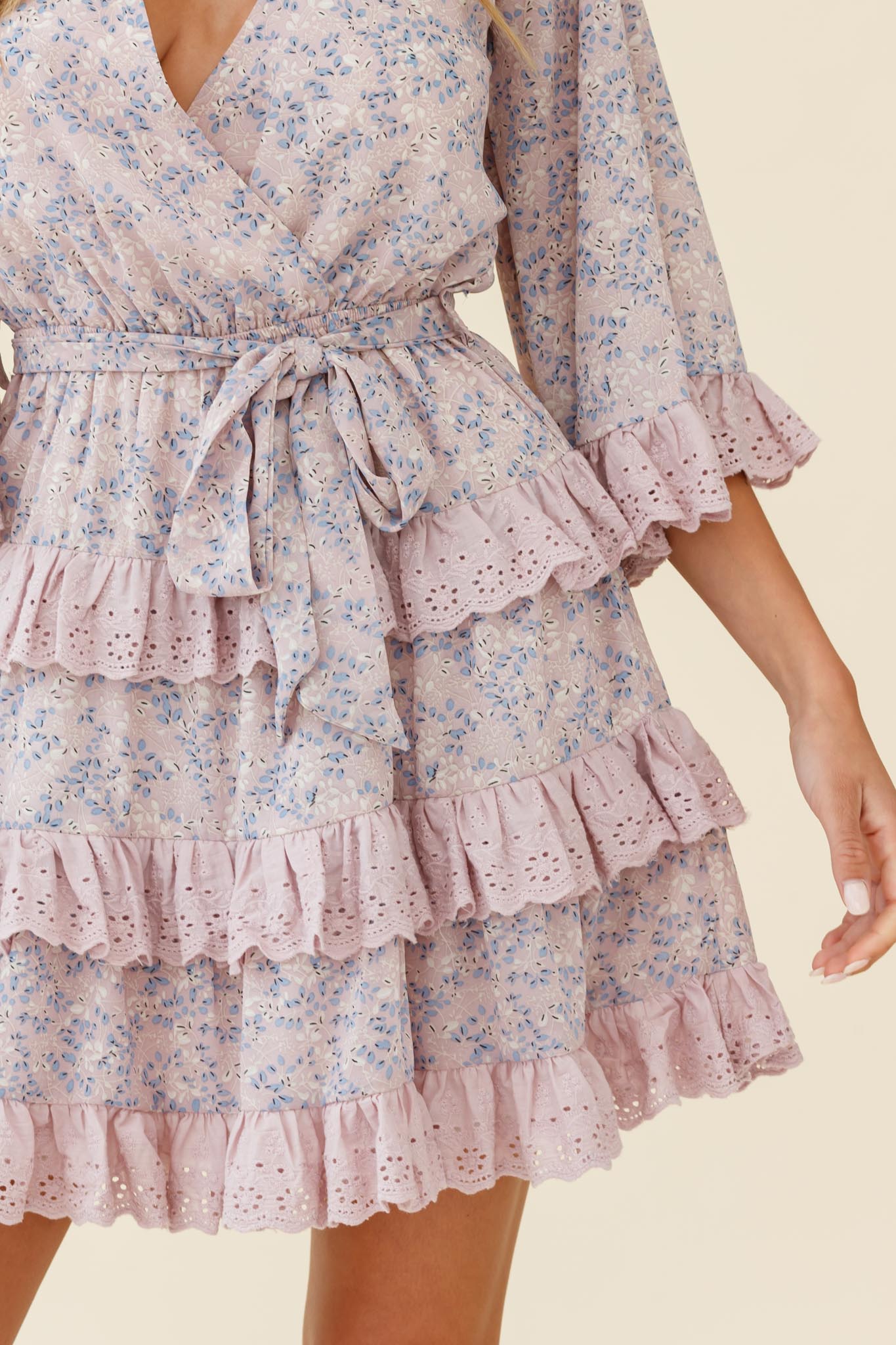 Tulsa 3/4 Sleeve Waist Tie Frill Dress Floral Print Pink by Selfie Leslie