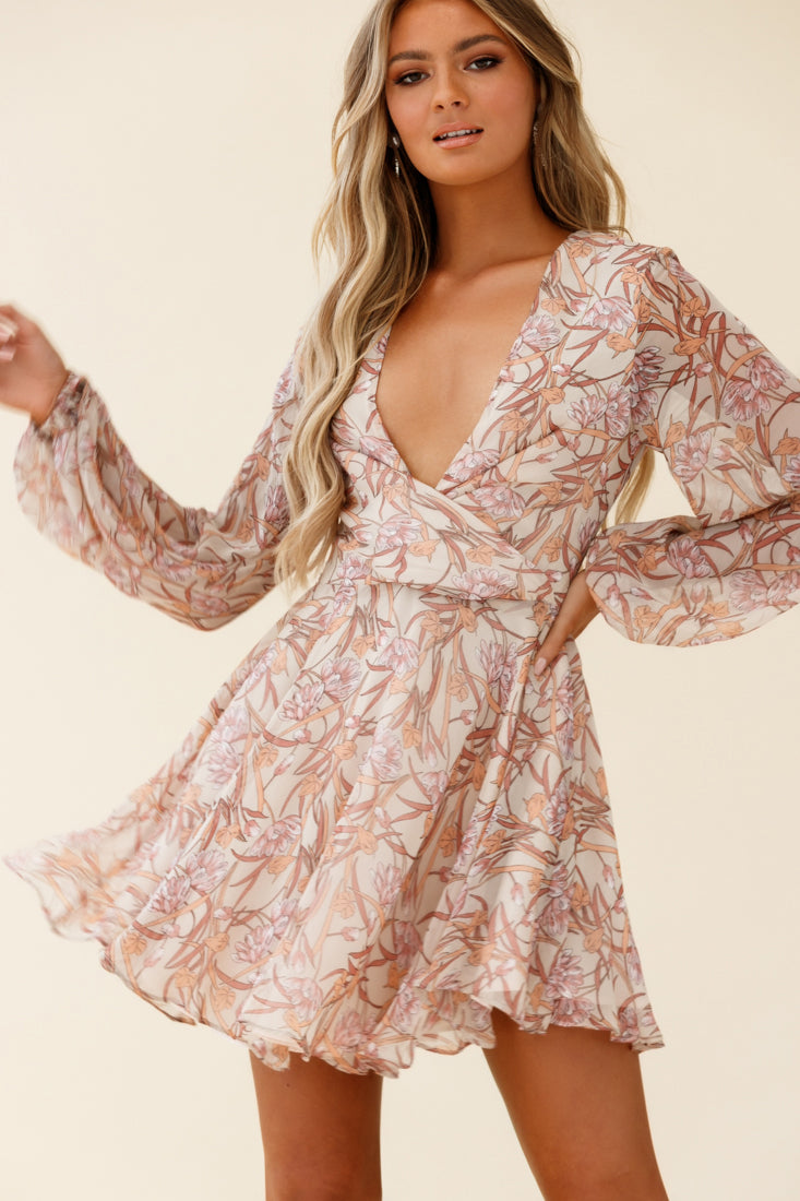 Jessinta Long Sleeve Pintuck Waist Dress Floral Print Nude by Selfie Leslie