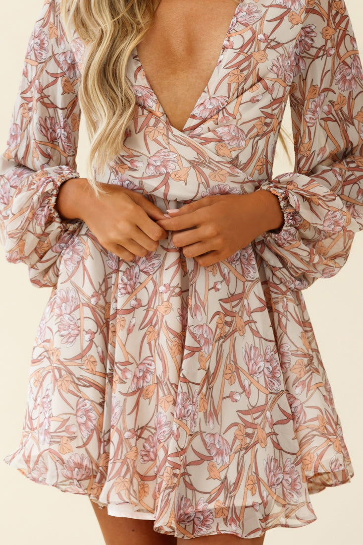 Jessinta Long Sleeve Pintuck Waist Dress Floral Print Nude by Selfie Leslie