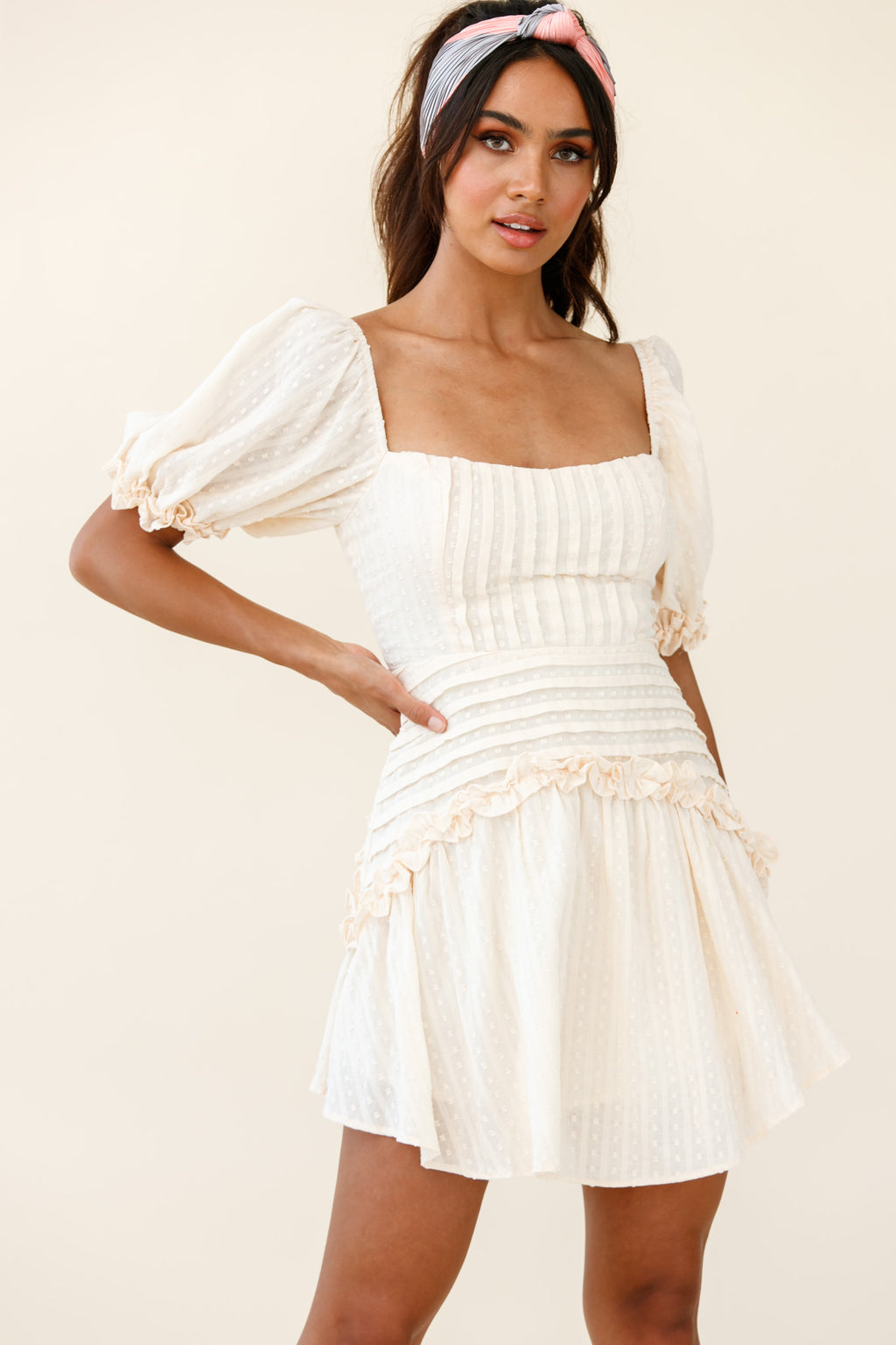 Sunshine Lane Milkmaid Sleeve Lace-up Back Dress Beige by Selfie Leslie