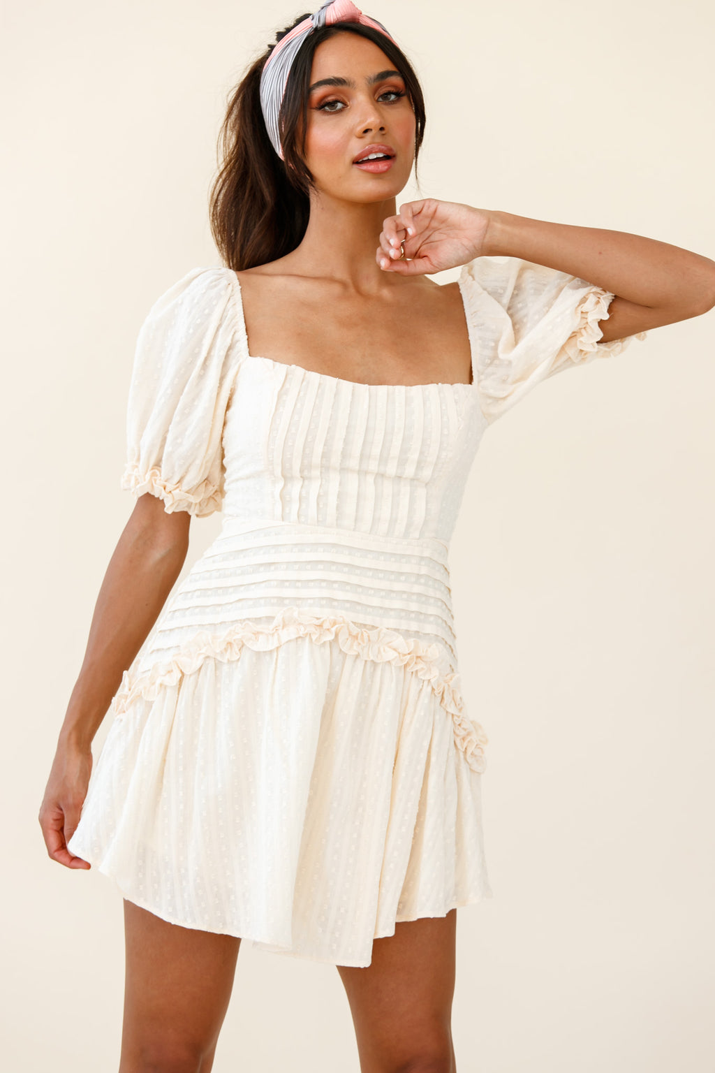 Sunshine Lane Milkmaid Sleeve Lace-up Back Dress Beige by Selfie Leslie