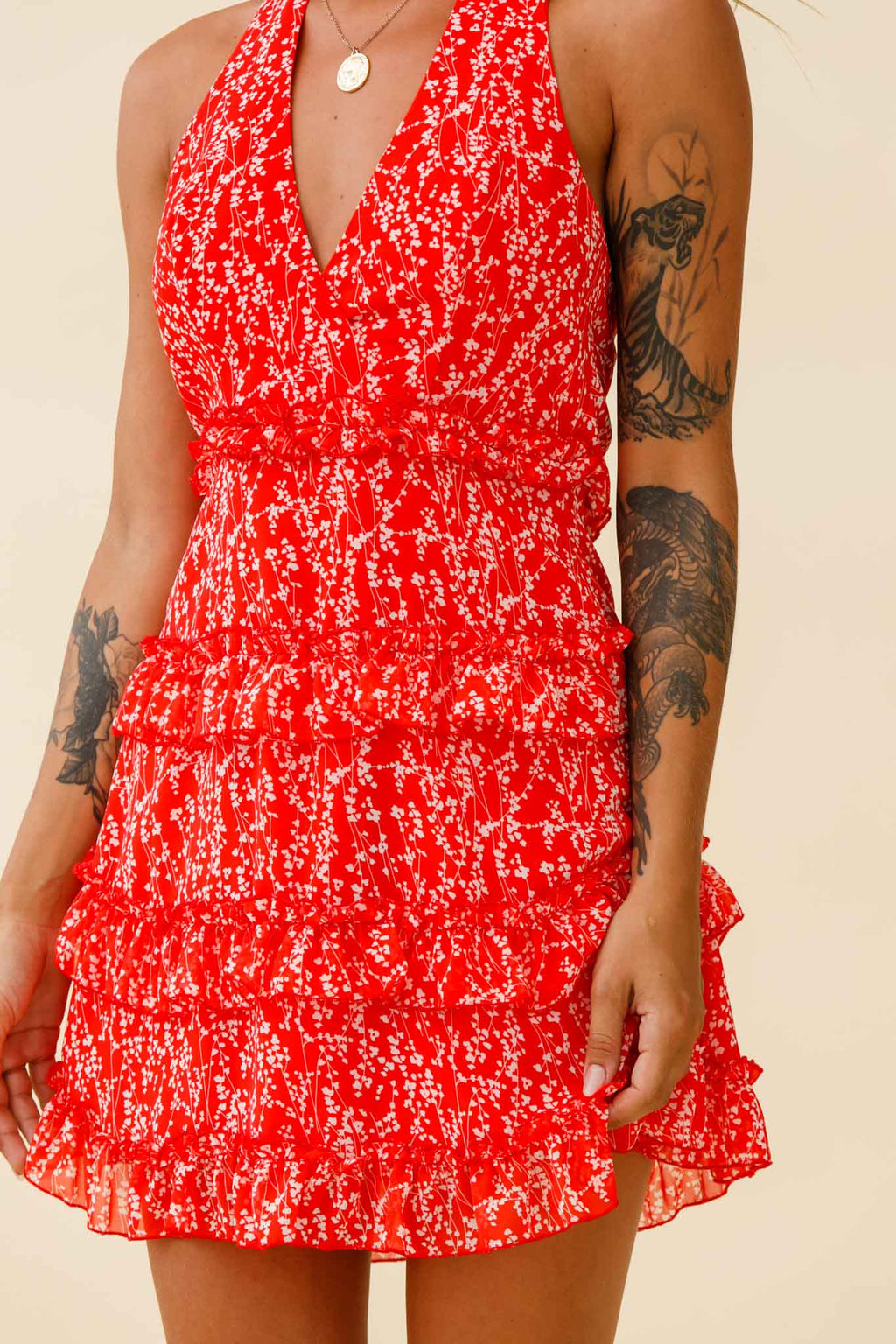 Venezuela Ruffle Trim Tie-Back Halterneck Dress Floral Print Red/White by Selfie Leslie