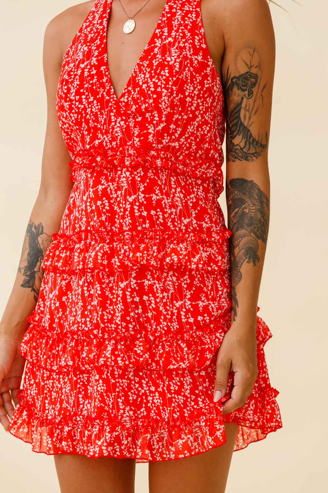 Venezuela Ruffle Trim Tie-Back Halterneck Dress Floral Print Red/White by Selfie Leslie