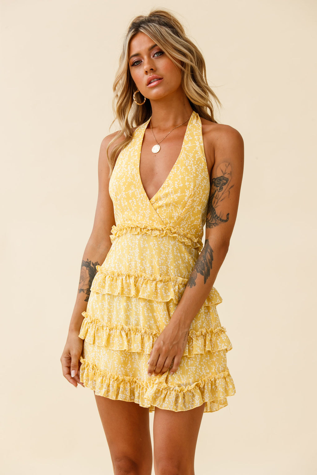 Venezuela Ruffle Trim Tie-Back Halterneck Dress Floral Print Yellow/White by Selfie Leslie