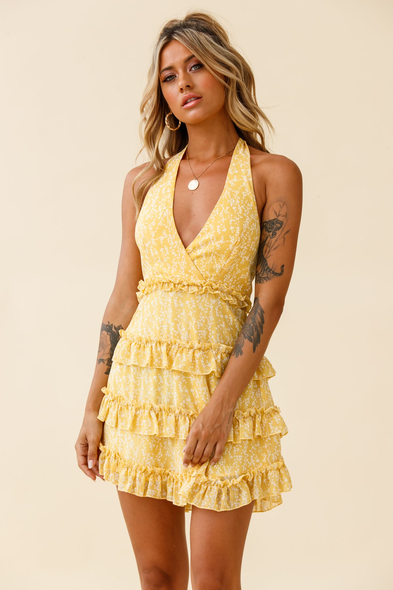 Venezuela Ruffle Trim Tie-Back Halterneck Dress Floral Print Yellow/White by Selfie Leslie